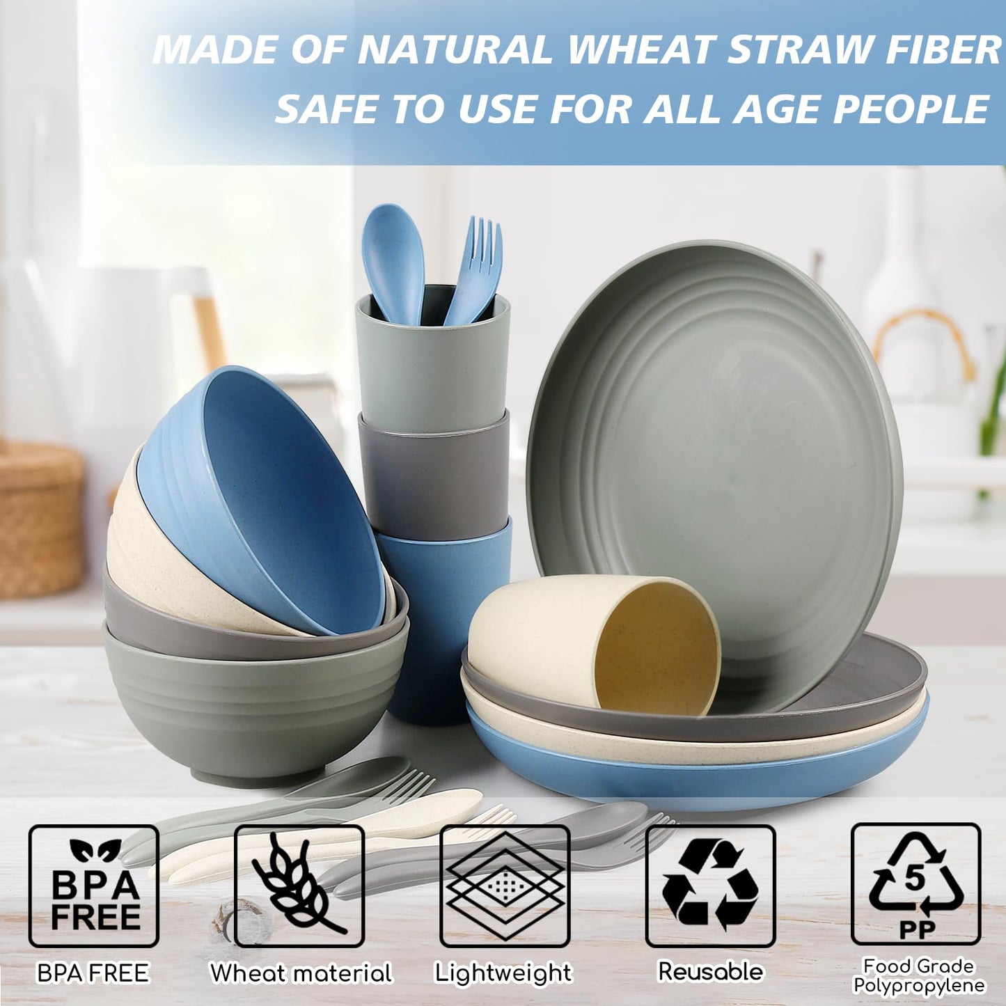 20 PCS Wheat Straw Dinnerware Set for 4 - Unbreakable Plates, Bowls, Cups & Cutlery - Microwave/Dishwasher Safe for Camping & Outdoor - Coastal Color