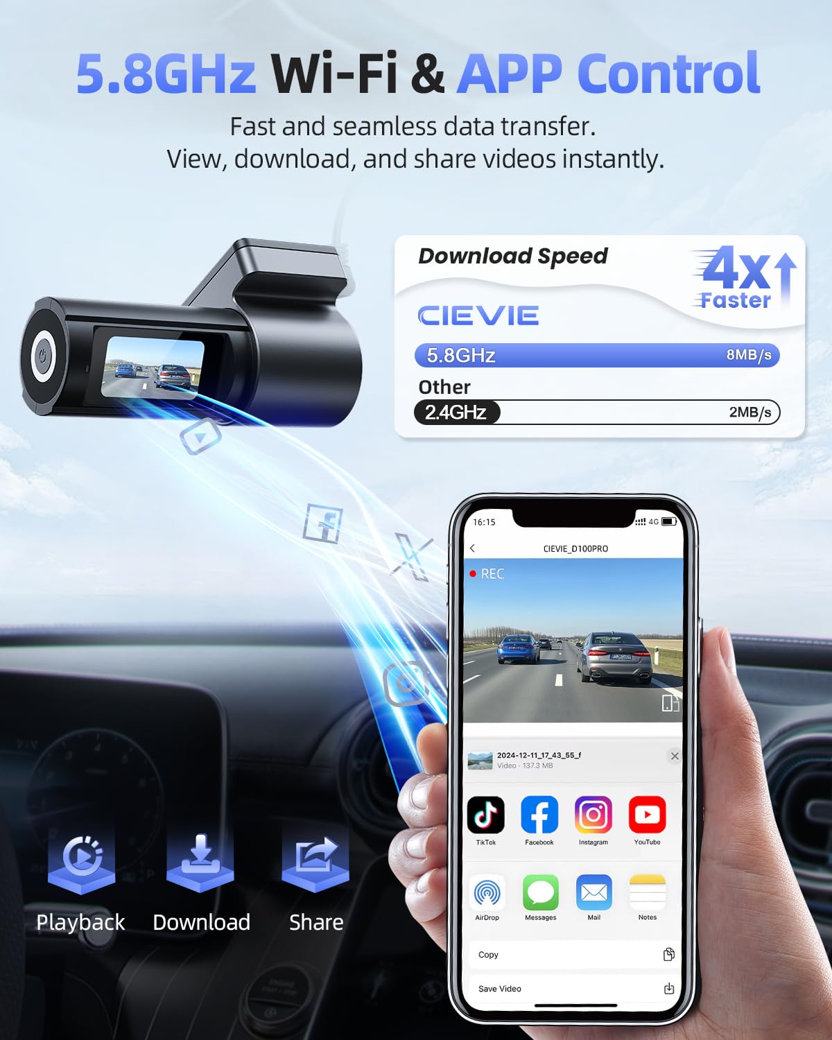 CIEVIE Dash Cam Front and Rear Camera, 5G WiFi & GPS & 64GB Card, 4K+1080P Dual Dash Camera for Cars, 1.5" Display Dashcam, Night Vision, 24H Parking Mode, G-Sensor, Loop Recording, WDR, 170° Angle