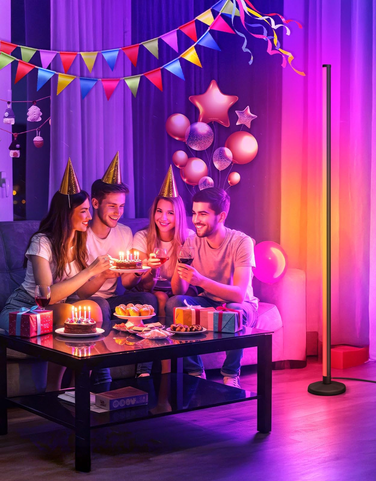 OUTON LED Floor Lamp, 24W RGBCW Corner Lamp with 256 Scenes & 16 Million Colours, Smart APP & Remote Control, Music Sync, Dimmable Colour Changing Standing Lamp for Living Room Bedroom Gaming Room