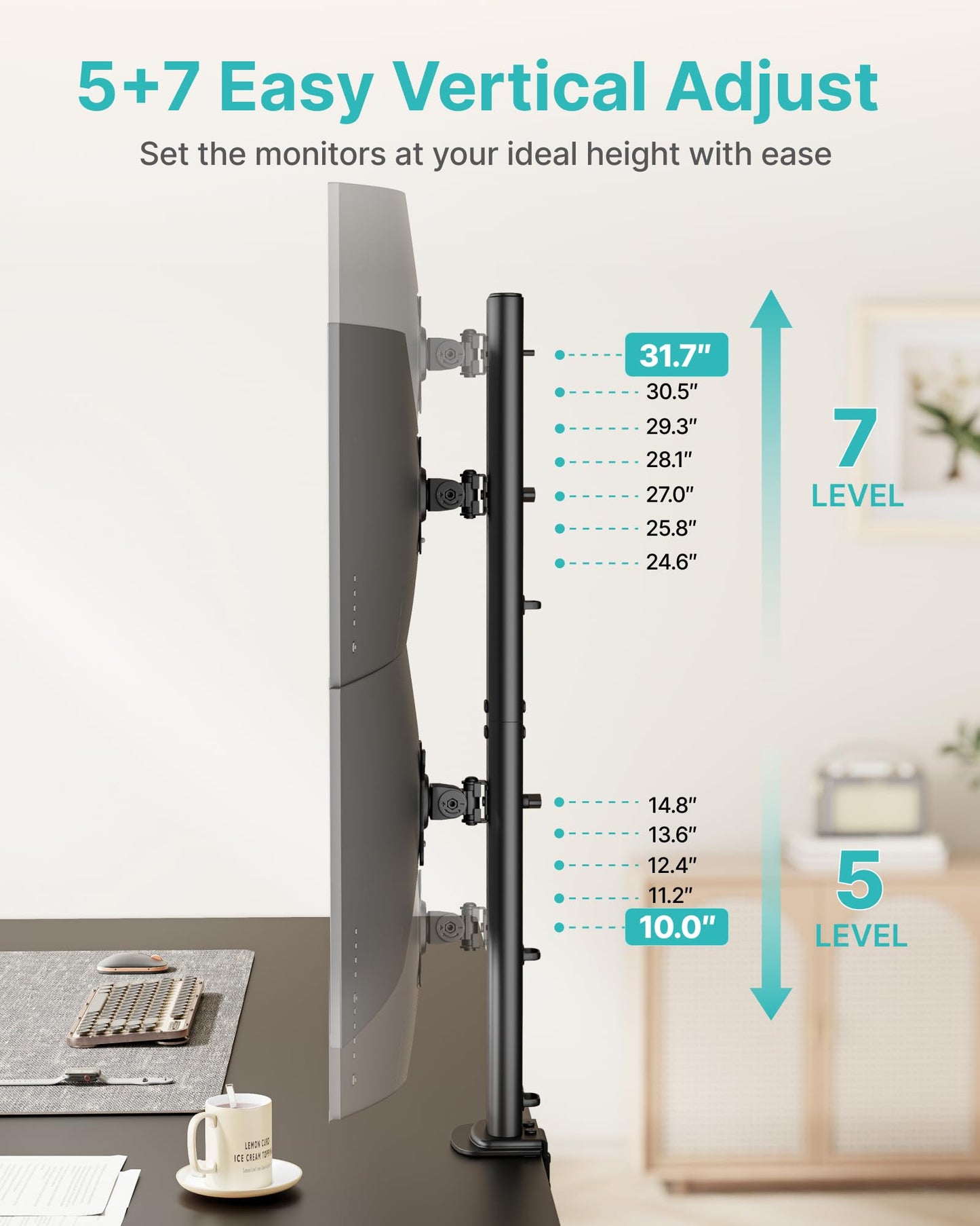 Vertical Dual Monitor Mount for 17–34 Inch Screens, Stacked Monitor Stand, Holds up to 33 lbs per Arm, 33.1" Extra Tall Pole, Full Motion Height Adjustable Mount, 75/100 VESA, Clamp & Grommet