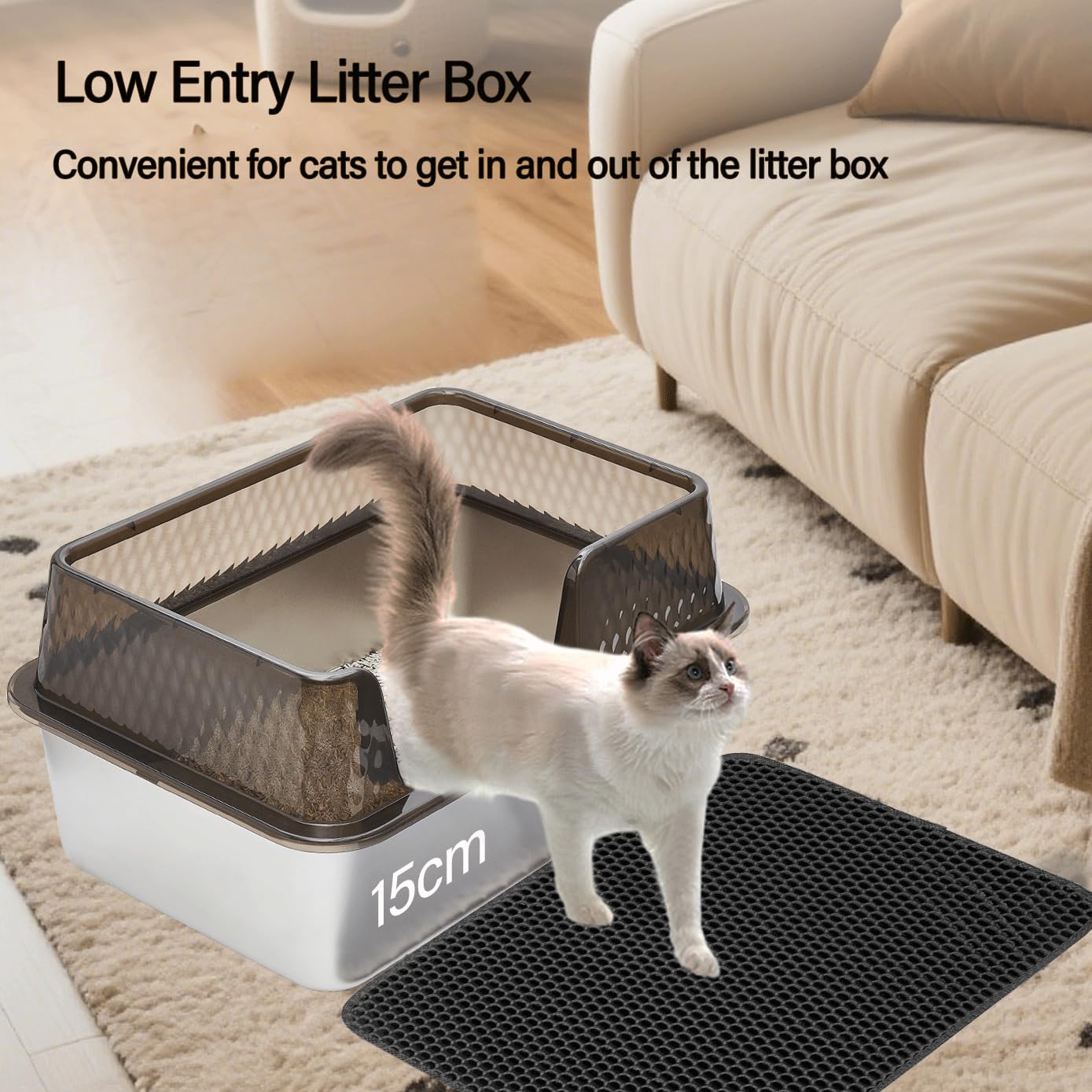 Kittenhood Enclosed High Sided Stainless Steel Litter Box with Lid Scoop and Pads for Cats, 50cm* 35cm* 25.5cm Transparent Black Easy Clean Metal Kitty Litter Box