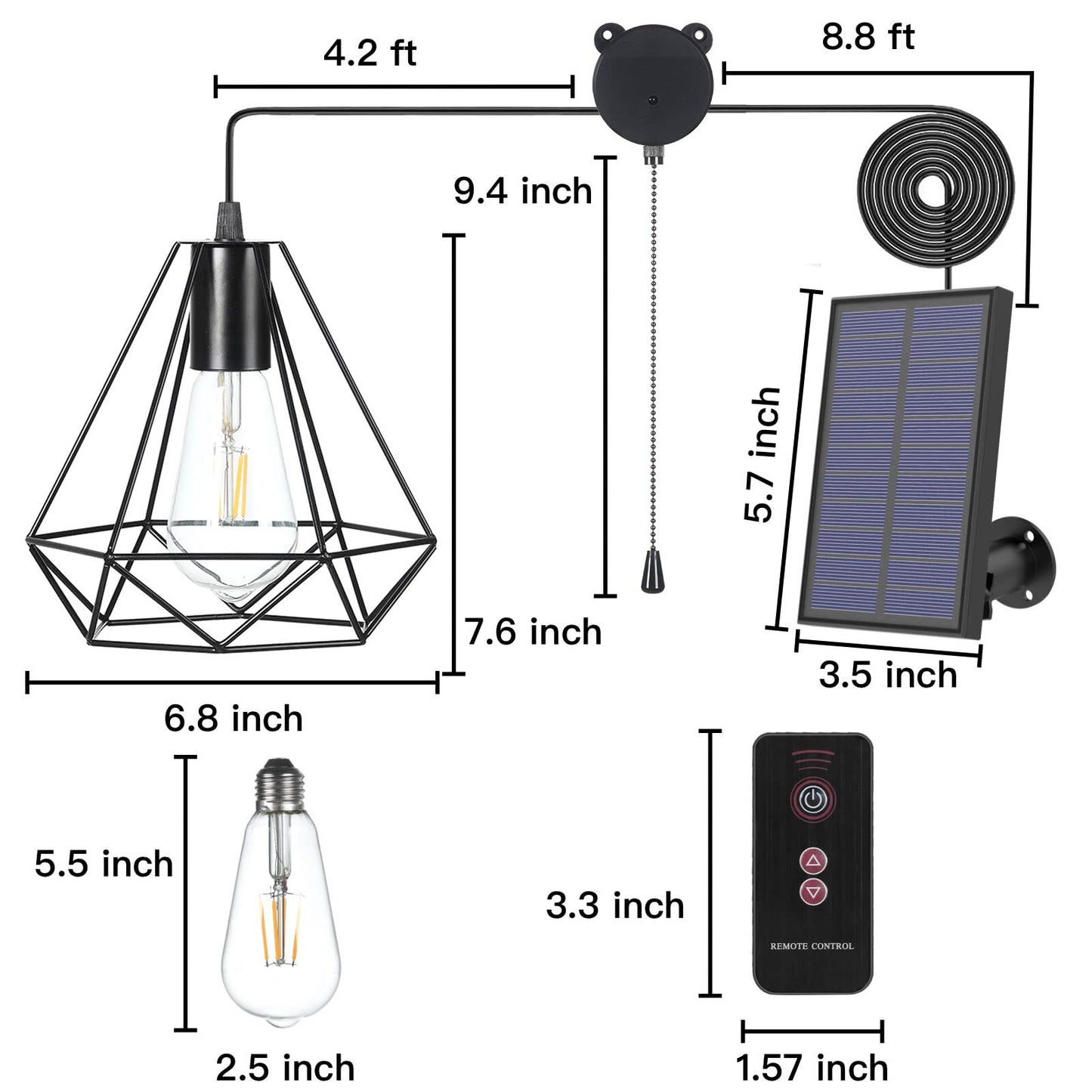 YUMAMEI Solar Pendant Lights, Solar Powered Shed Light with Pull Cord and Remote for Outdoor Indoor, Solar Chandelier, Gazebo Lights with Adjustable Solar Panel for Yard Patio Balcony Barn Garage