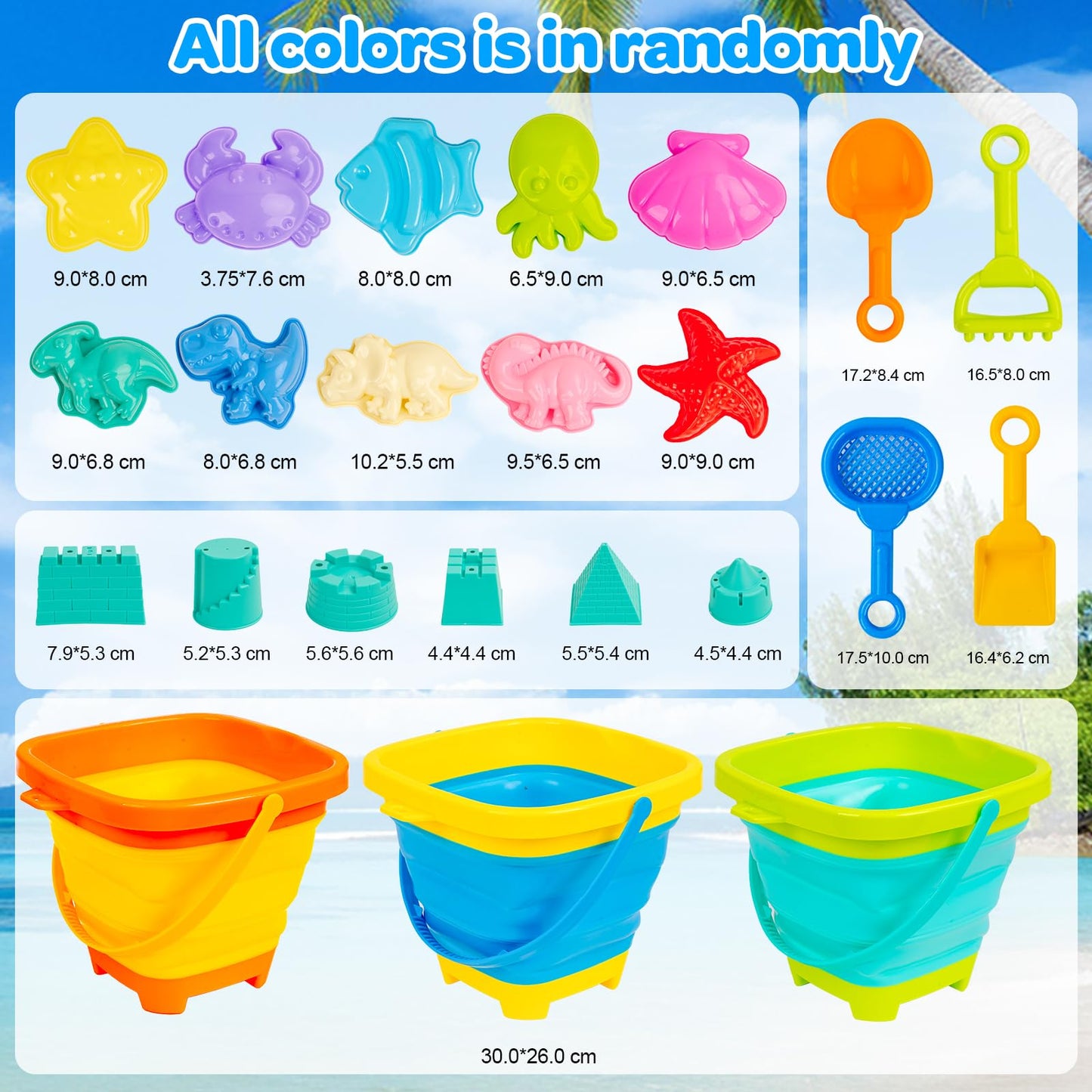 Collapsible Beach Bucket Kids Sandbox Toy 3 PCS Silicone Pail Set with Sand Molds, Shovel, Rake, Mesh Storage Bag for Toddlers Boys Girls Beach Essentials for Family Outdoor Travel Toy Age 3-10