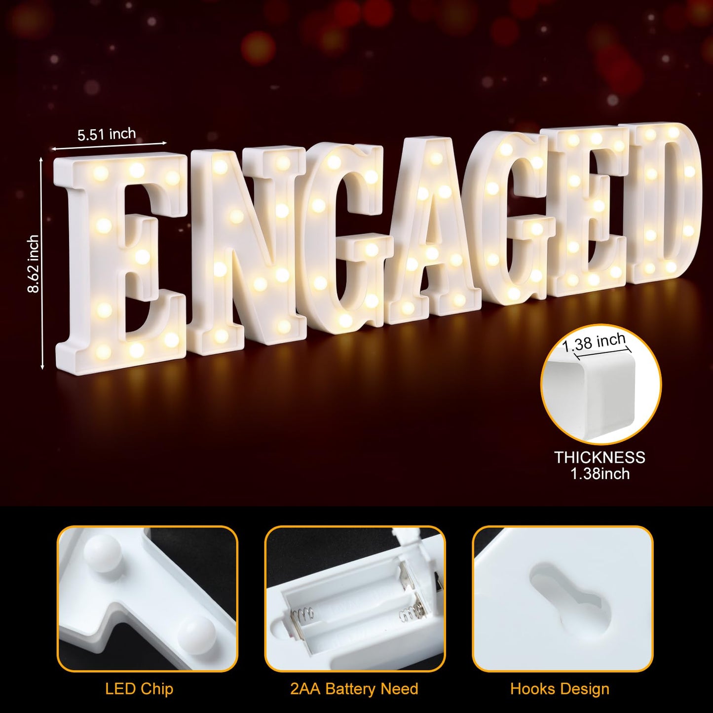 Engagement Party Decorations, 8.3 Inch Engaged Light Up Letters Sign, Large Engaged Table Decoration for Engagement Wedding Bridal Shower