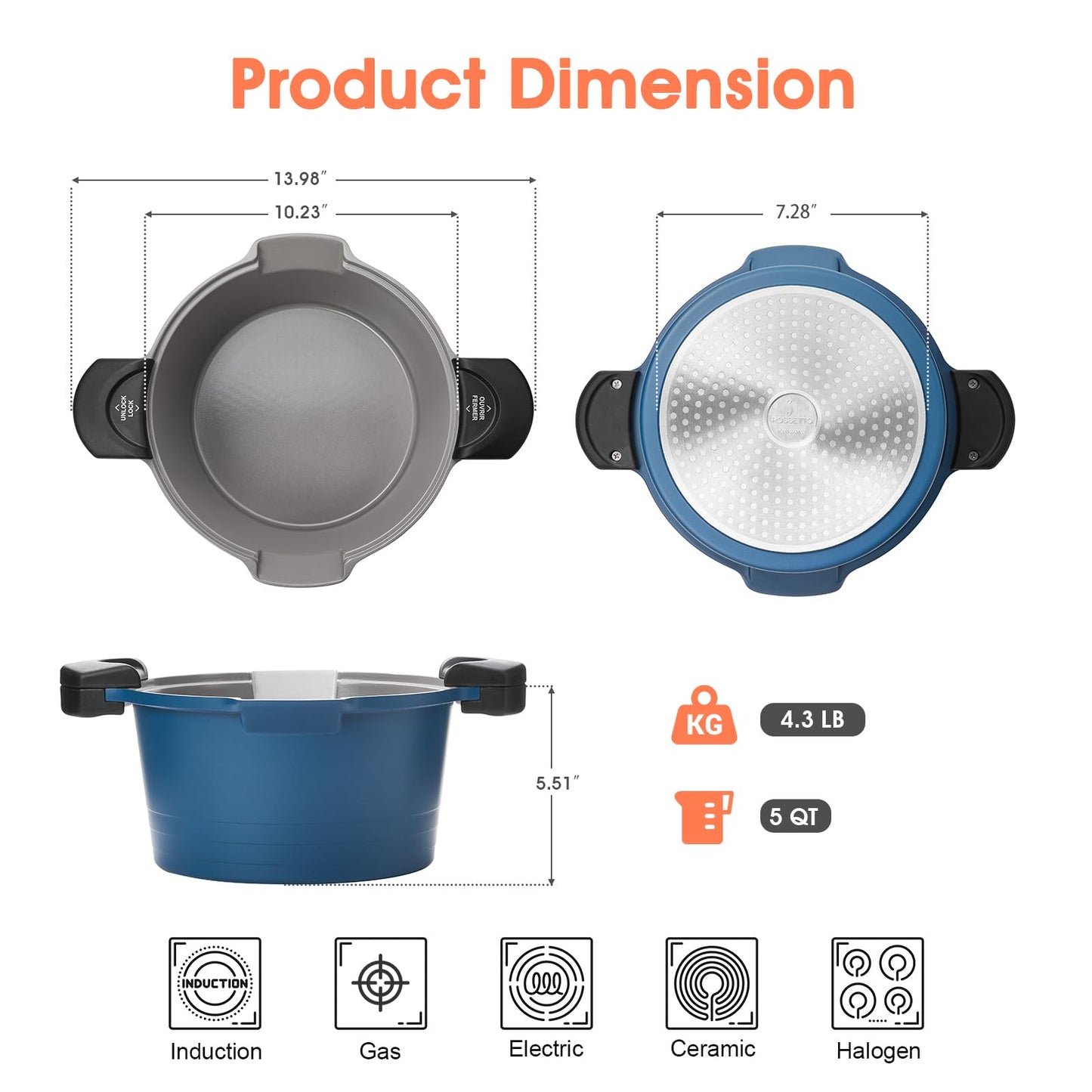 ACTIV CUISINE 5qt Pasta Pot with Strainer Lid, Cast Aluminum Stockpot Multipot, Nonstick Ceramic Coating make Cleanup easy with Tempered Glass Lid, Dishwasher Safe, Induction, Blue