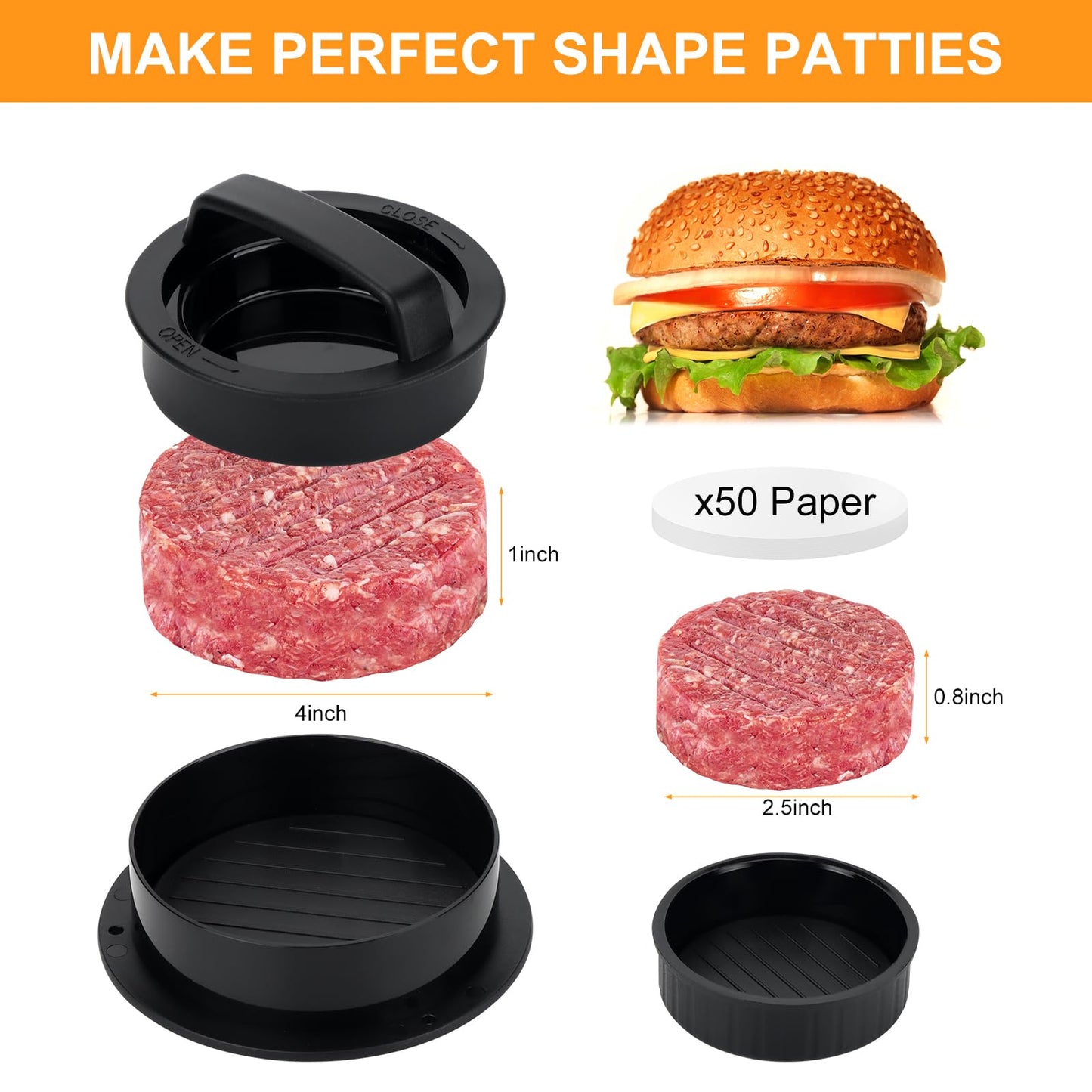 9PCS Smash Burger Press Kit - Burger Mold,50 Patty Papers,2PCS Cast Iron Burger Presses,Sauce Brushes,Grill Spatula,Spice Shaker,Egg Rings,Gloves - Non Stick Burger Press Set for Grill and Griddle