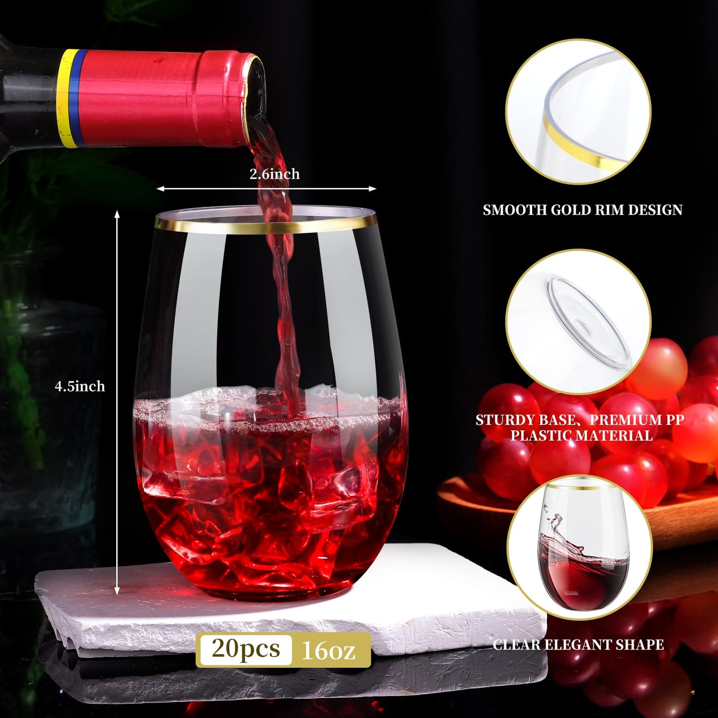 20 Pack Plastic Stemless Wine Glasses, 16 OZ Plastic Wine Glasses Disposable Unbreakable Plastic Wine Cups Reusable Clear Acrylic Drinking Party Glass Bulk Shatterproof for Champagne Wedding(Gold Rim)