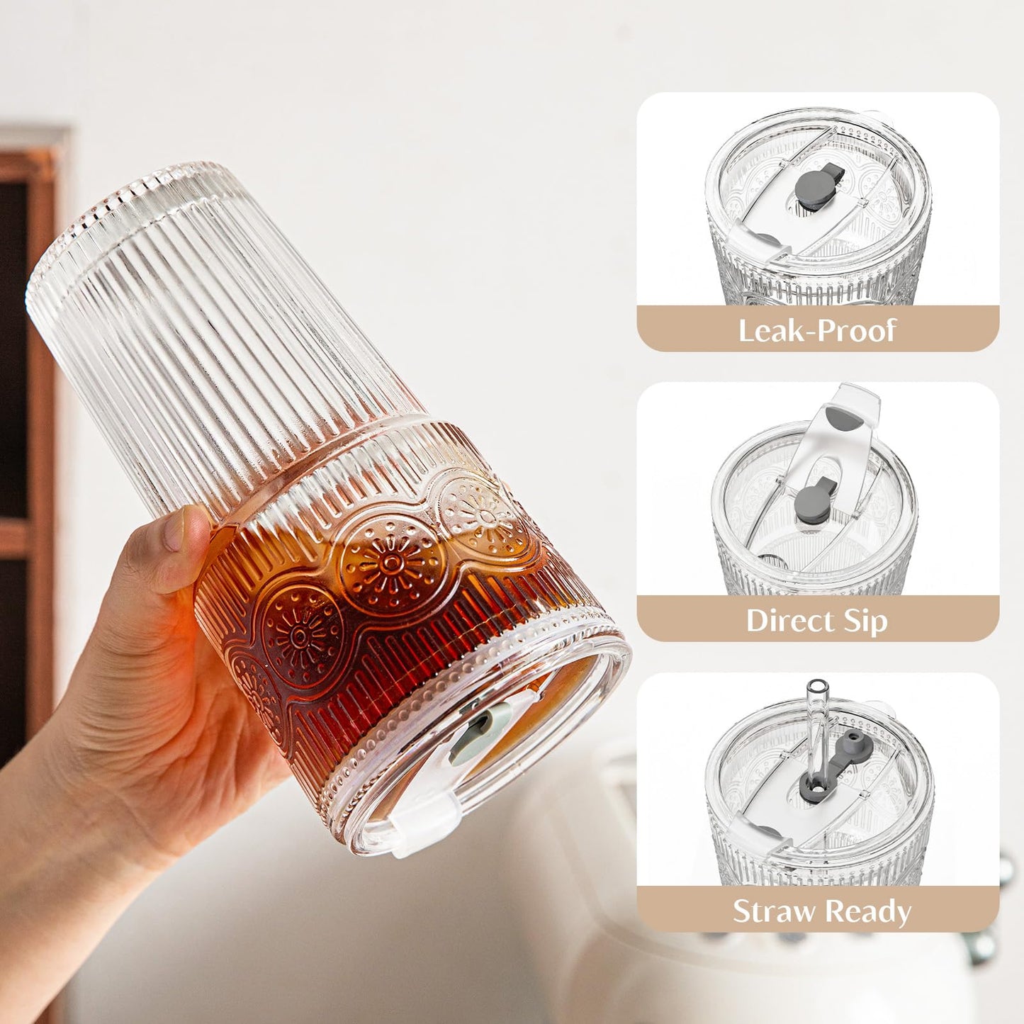 INSETLAN 20oz Ribbed & Floral Glass Tumblers with Lids and Glass Straws, Set of 4 – Iced Coffee Cups, Reusable Drinking Glasses for Water, Smoothies, Tea, and Juice – Perfect for Travel & Daily Use
