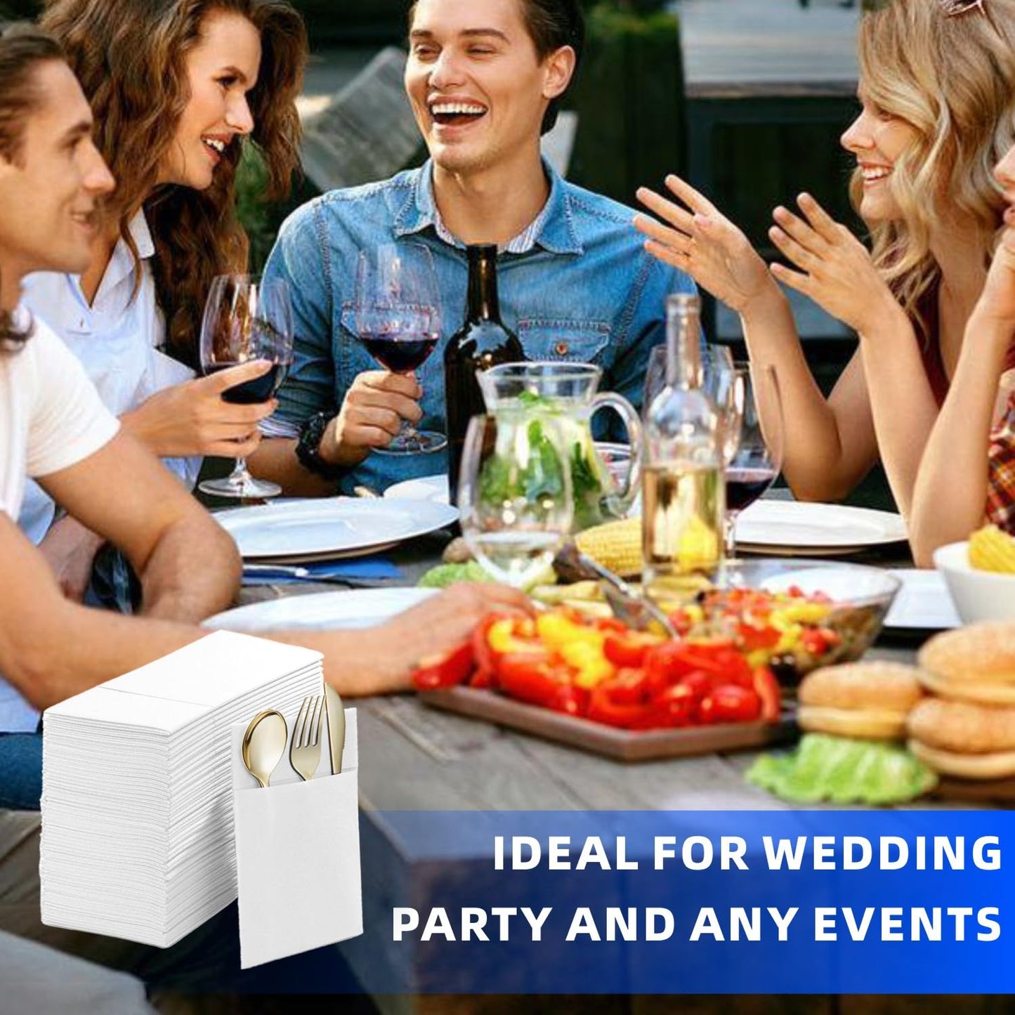 Disposable Dinner Napkins With Built-in Flatware Pocket, Pre folded Party Napkins For Silverware, Linen Feel Napkins Luxury And Elegant For Wedding Party Events, White, Total 200 Count