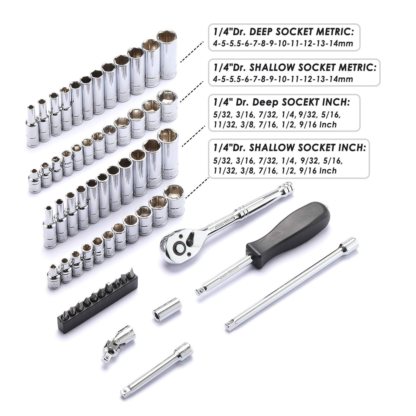 MIXPOWER 62-Piece 1/4-Inch Dr. Master Socket Set with Ratchets,Universal Joint, Drive Extension Bar Set with 1/4'' Dr. Bits Set, SAE/Metric, 6-Point, 5/32-Inch - 9/16-Inch, 4 mm - 14 mm, CR-V Socket