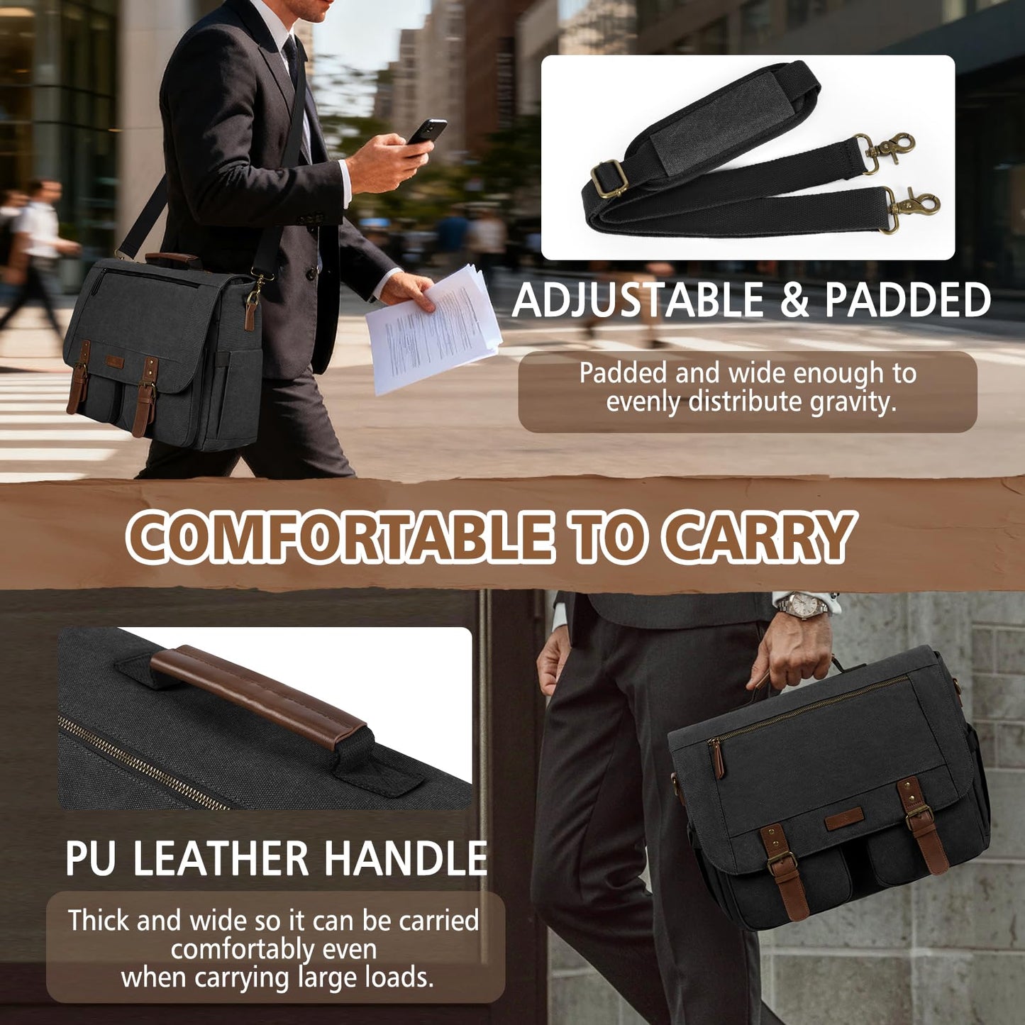 RAINSMORE Messenger Laptop Bag for Men 15.6 Inch , Canvas Briefcase Satchel Computer Shoulder Bag Men's Work Business Office Bag with Padded Compartment, Black