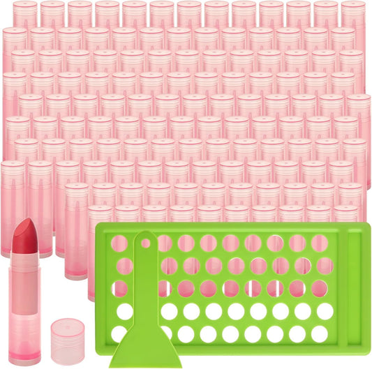 ACXFOND 200Pcs 5.5ml Empty Lip Balm Tubes Bulk, Lip Gloss Making Kit with Filling Tray and Spatula, Empty Plastic Lip Gloss Balm Containers for DIY Homemade Lipsticks, Chapsticks, Pink