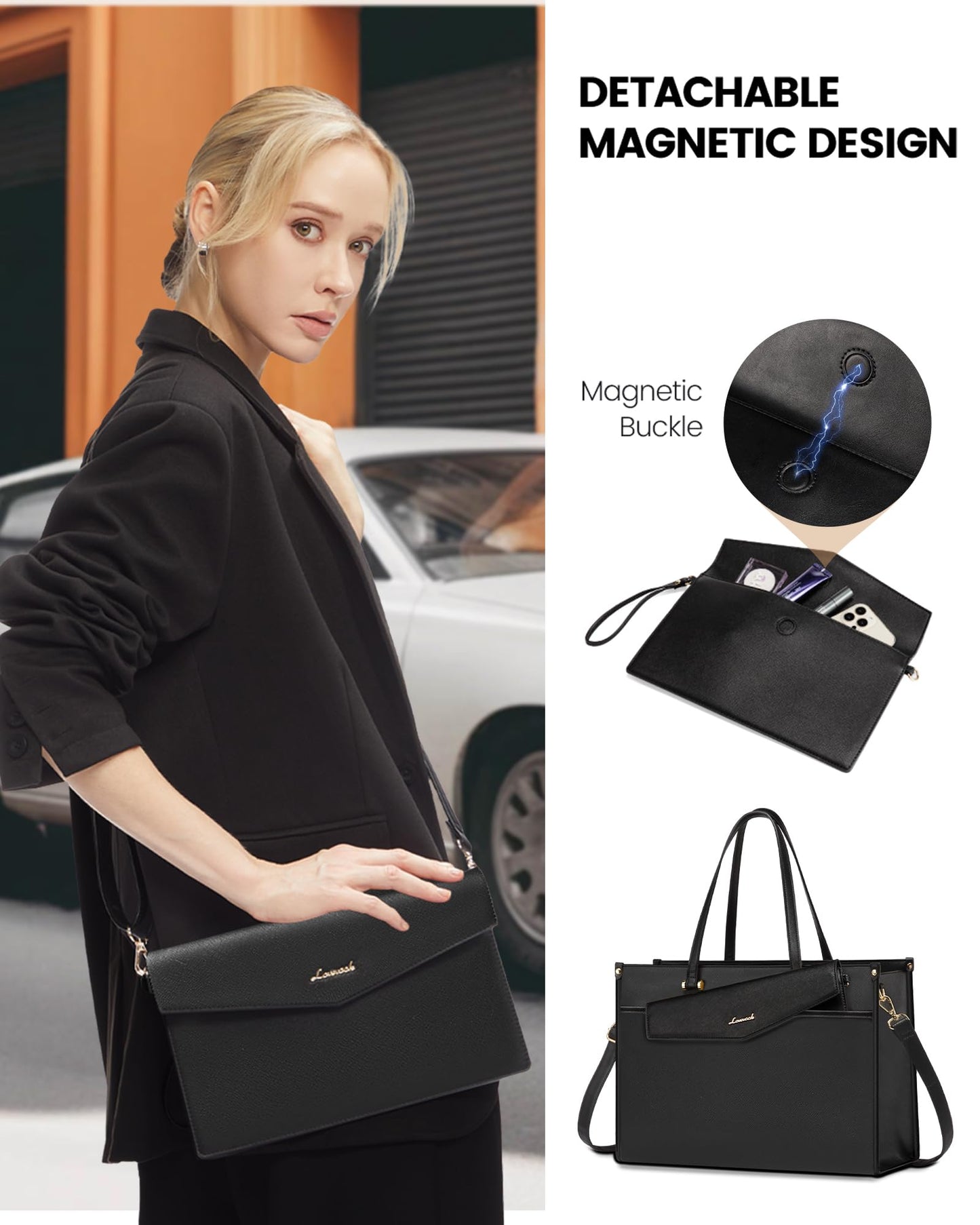LOVEVOOK Laptop Tote Bag for Women, 15.6 inch 2-in-1 Professional Work Bag Business Briefcase with Clutch Purse, Waterproof Leather Computer Handbag for Teacher Office Travel