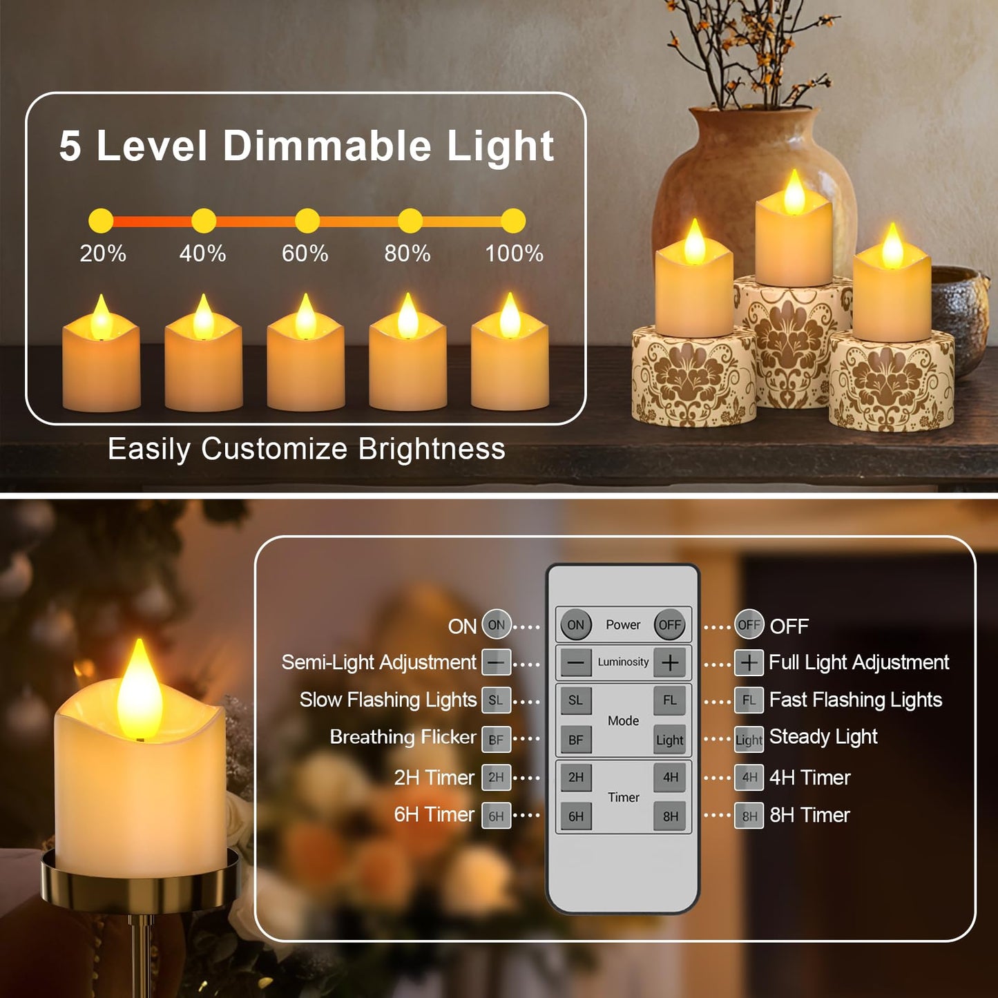 PChero Rechargeable Flameless Candles Flickering with Remote Timer & Charging Base, 6 pcs USB Battery Operated LED Tea Lights Small Votive Candles for Weddings Lantern Christmas Home Room Decor