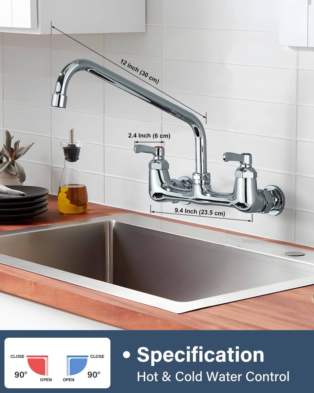 Gmusre Commercial Wall Mount Kitchen Faucet 8 Inch Center Kitchen Sink Faucet with 12 Inch Swivel Spout 2-Handle Faucets for Kitchen Home Restaurant,Chrome Polished