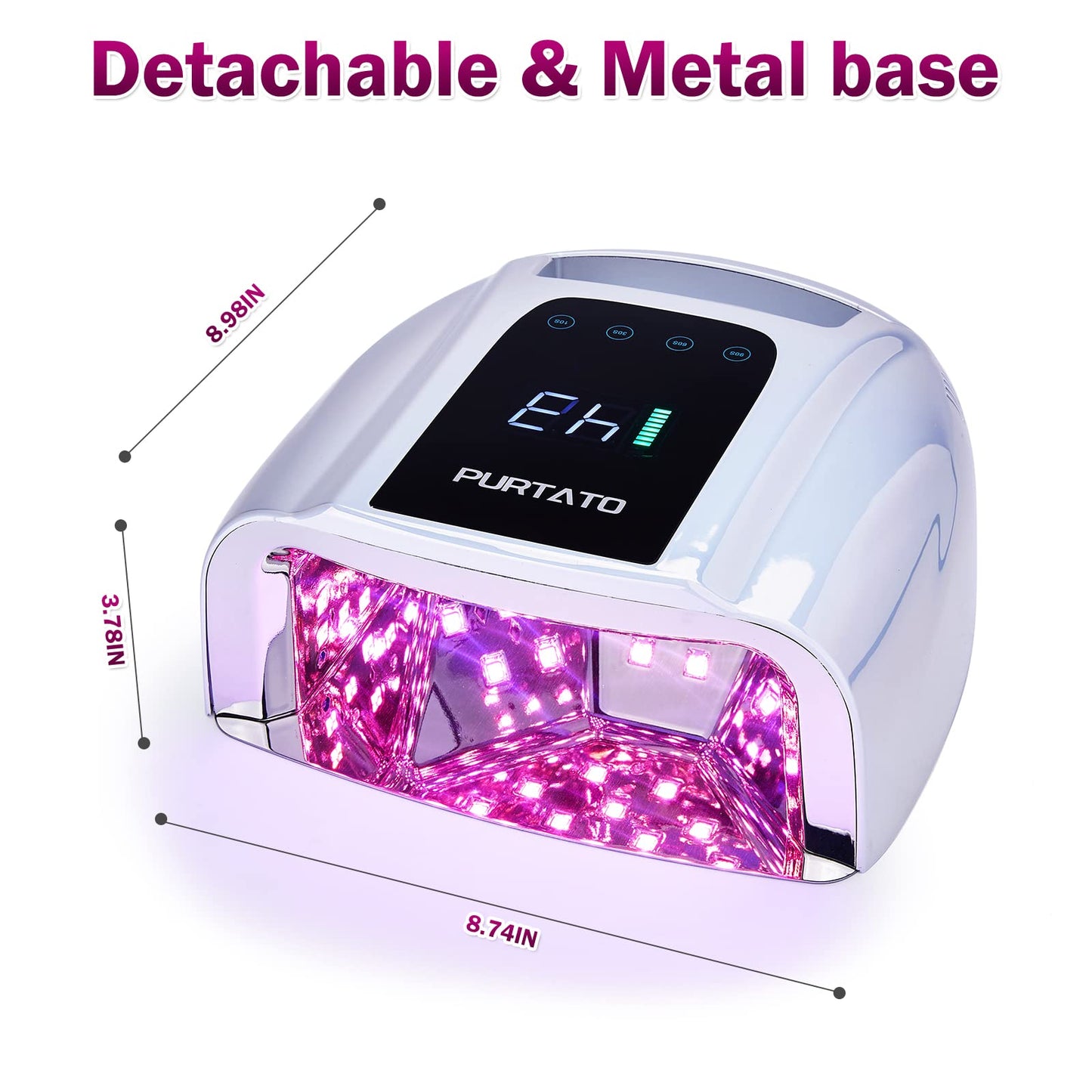 PURTATO Professional Rechargeable 96W UV LED Portable Cordless UV Light for Nail Lamp Machine with Removable Stainless Steel Bottom,4 Timer Setting and Smart Sensor Nail Dryer (Plating Silver)