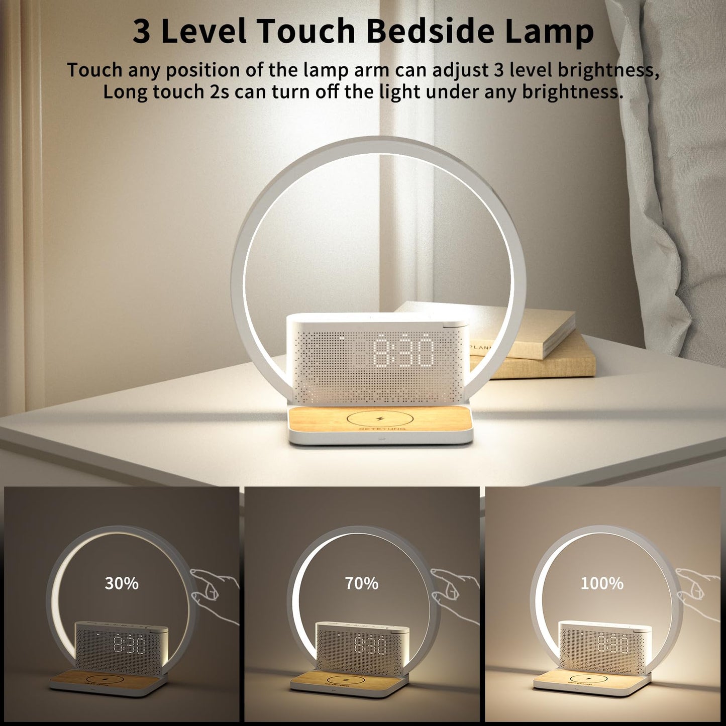 Sunrise Alarm Clock for Heavy Sleepers,Touch Lamps for Nightstand with Wireless Charger Station for iPhone/Samsung,Sound Machine,Wake Up Light with Snooze/Timer/10 Natural Sounds/3 Dimmable