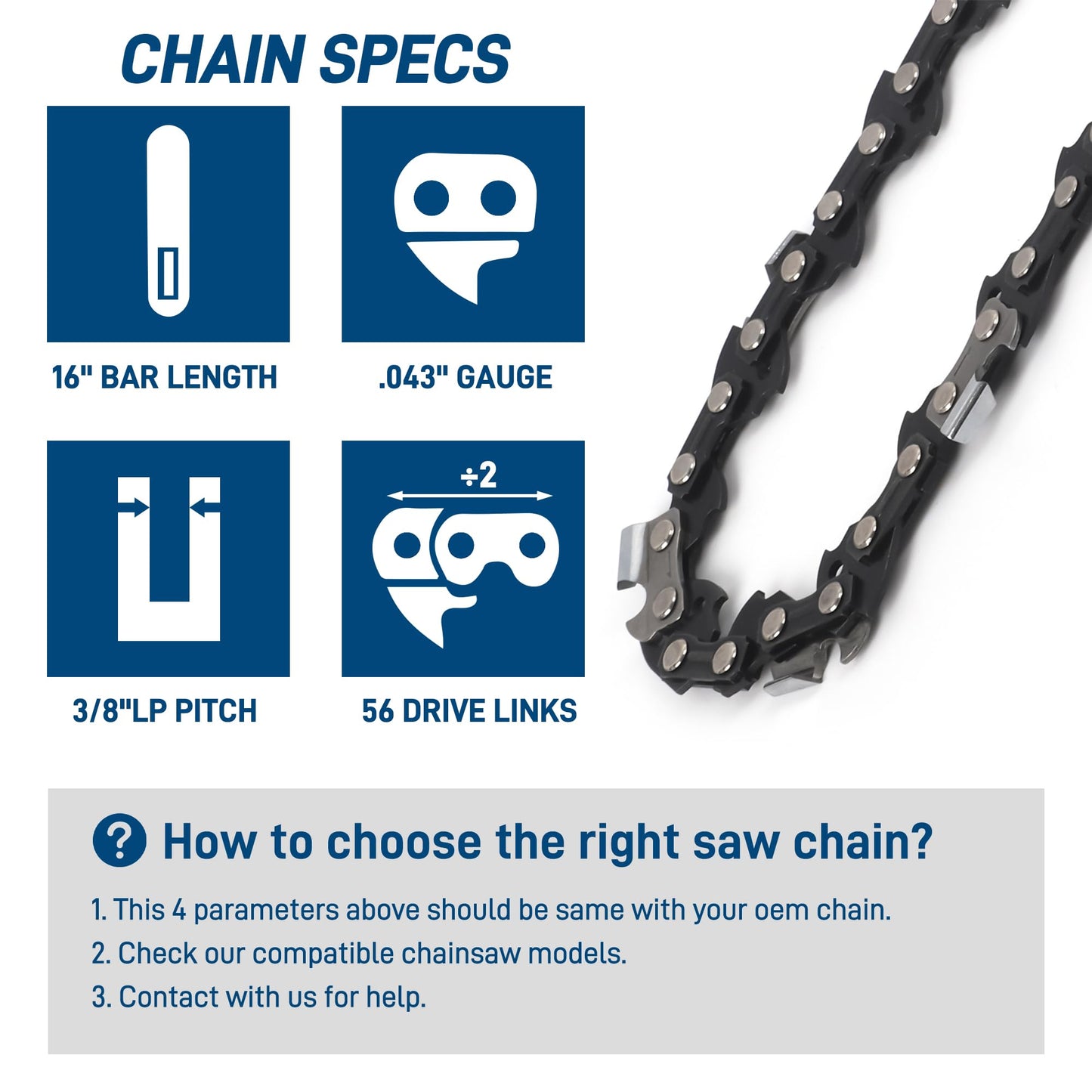 SawWorks 3-Pack 16 Inch Chainsaw Chain, 3/8" LP Pitch .043" Gauge 56 Drive Links Fits Milwaukee M18, 2727-20, Dewalt DWO1DT616T, EGO CS1600, CS1604, Oregon R56 and More