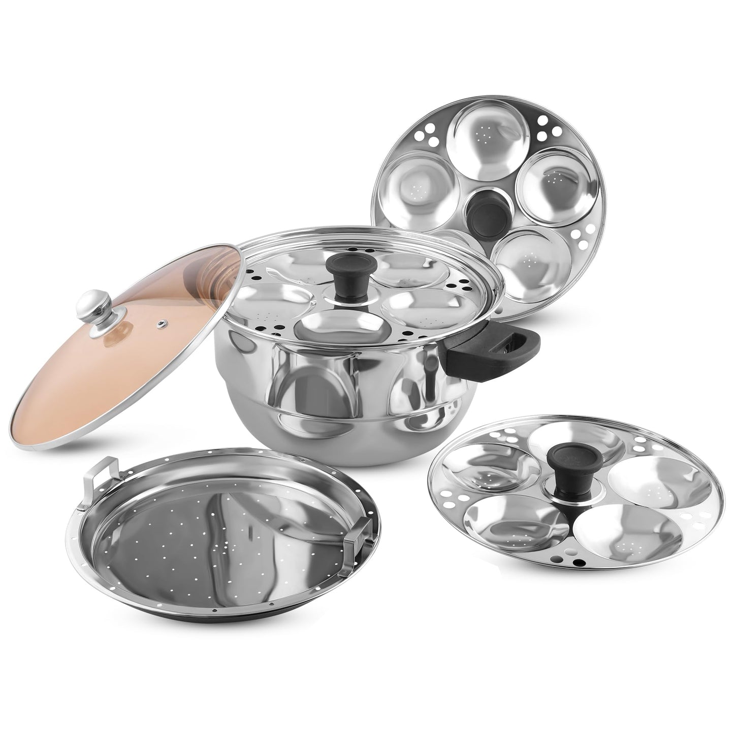 KSJONE See Through lid 5 Pcs Stainless Steel Induction Friendly Idli Cooker Multi Kadai for Indian Cooking with 3 idli Plates (15 Idlis), 1 Patra Plate and 1 Idli Spoon, Silver