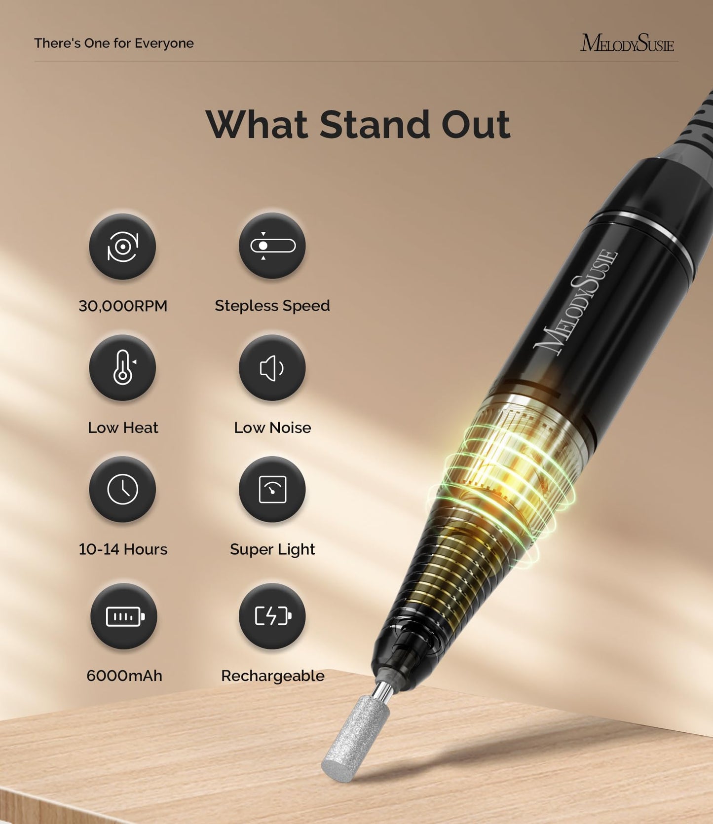 MelodySusie Professional Rechargeable 30000 rpm Nail Drill, Portable E-File with Long Life Battery, Electric Tool for Acrylic Nail Natural Extension Poly Nail Gel, High Speed, Low Heat,Black