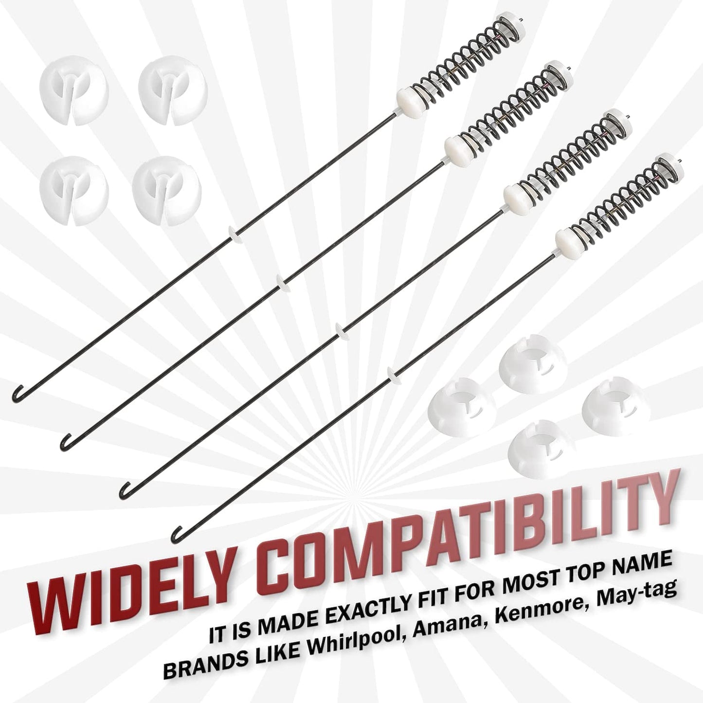 Pack 4 - W10780045 Washing Machine Suspension Rods Compatible with Whirlpool Kenmore Amana - Repalces: AP5971396, W10537442, W10537443, W10622030, W10645652, W10748953, W10748955