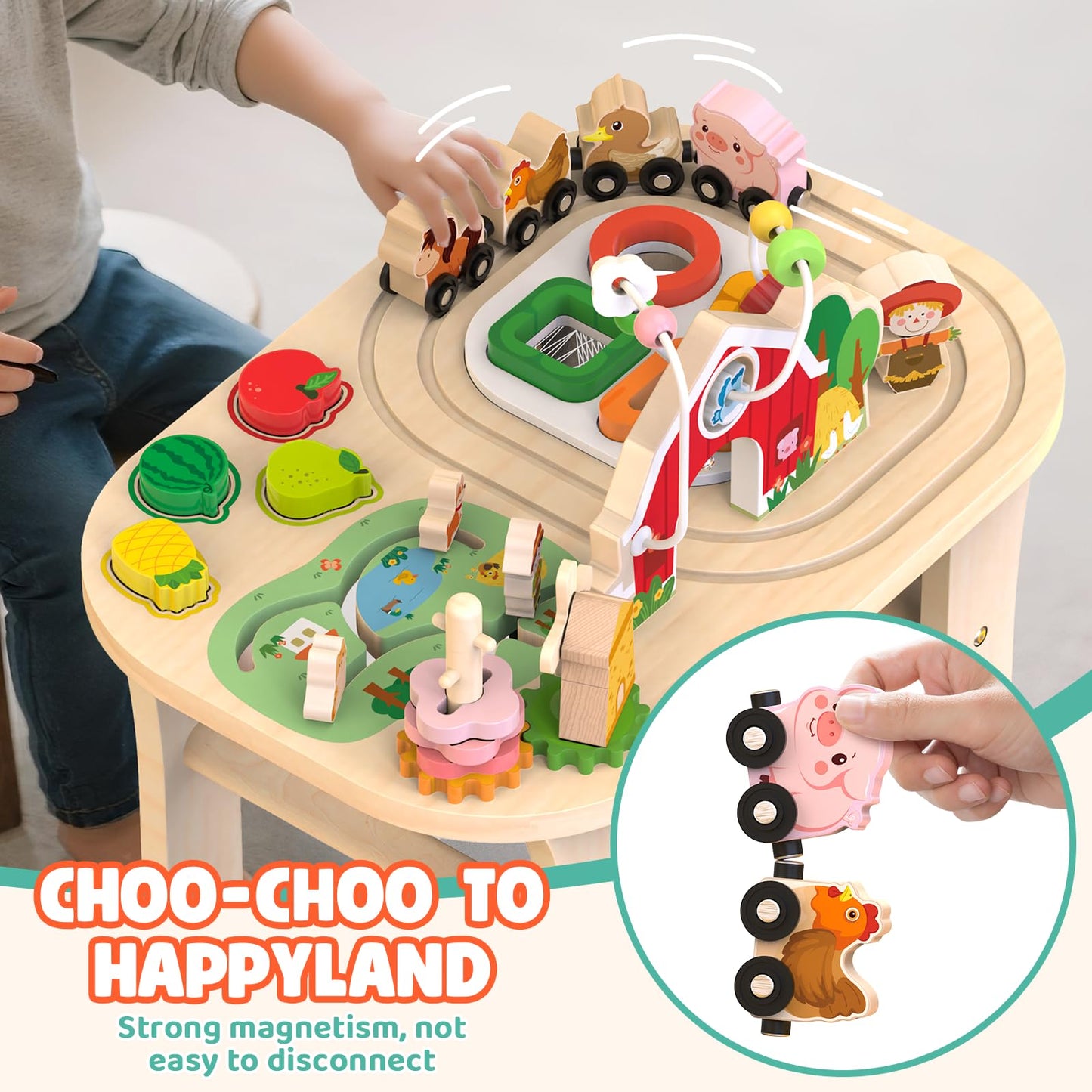 Activity Table for 1 Year Old, Baby Wooden Sensory Table with Bead Maze Shape Sorter Train Track for Toddler, Farm Montessori Toy Activity Center, Educational Learning Toy for Kid 12+ Months (Natural)
