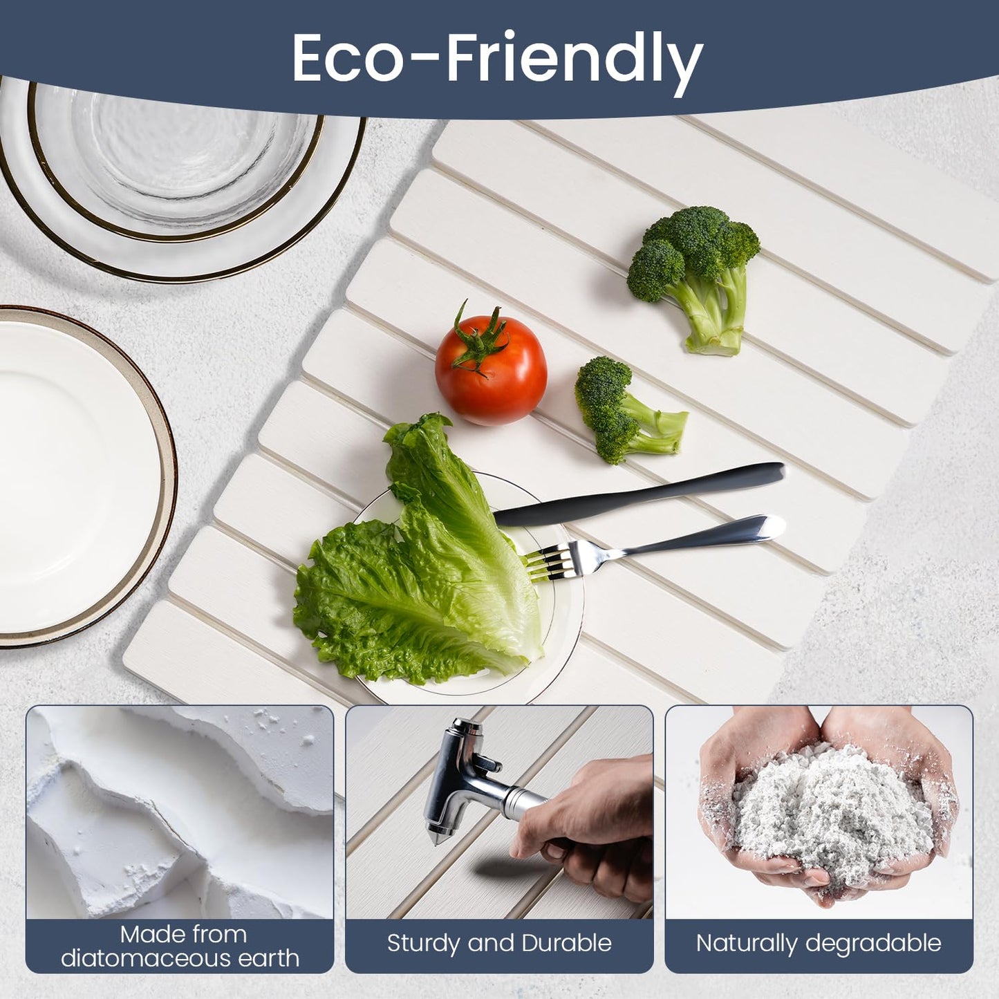 Meowoo Stone Dish Drying Mat for Kitchen Counter,23.6inx15.3in Drying matt for Dishes,Foldable Diatomaceous Earth Quick-Drying mat,Super-Absorbent, Quick-Dry-White