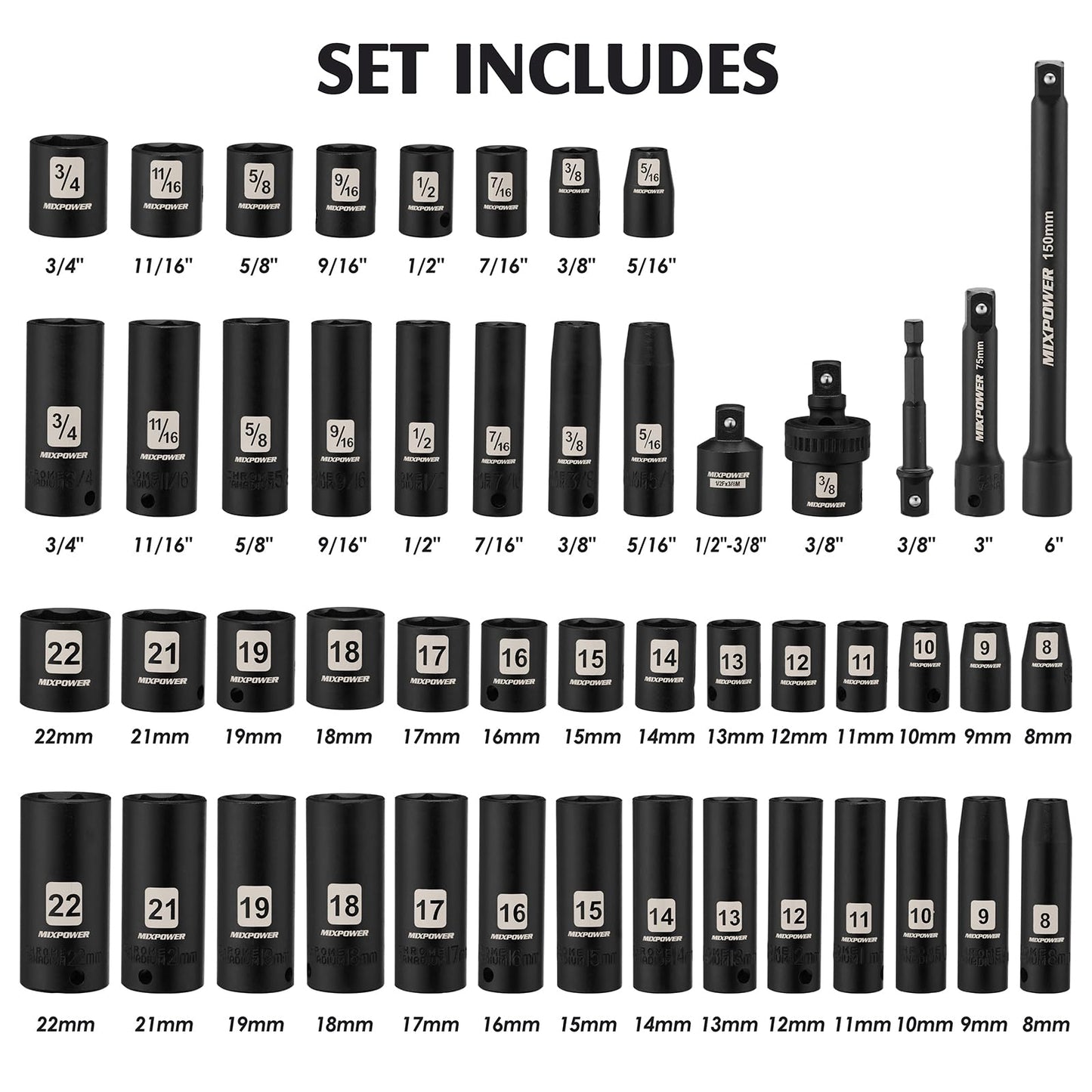 MIXPOWER 3/8" Drive Deep Impact Socket Set, 6 Point, 48 Piece Standard SAE and Metric Sizes, 5/16-Inch to 3/4-Inch and 8-22 mm, Cr-V Steel Mechanic Socket Set