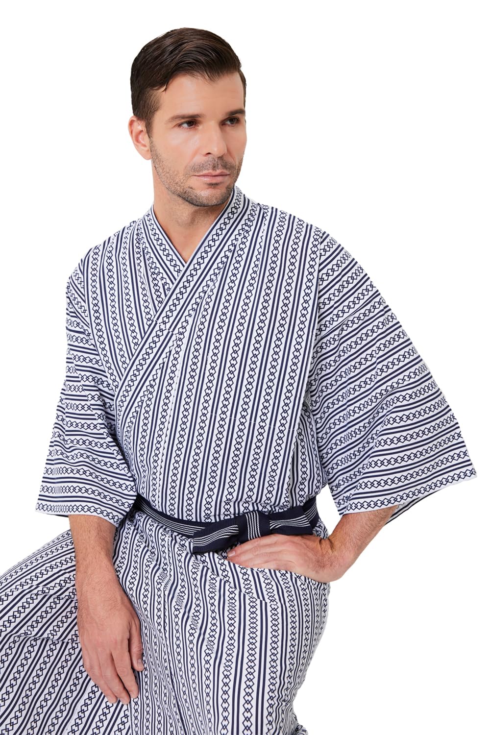 Koremono Mens Tatekan Yukata, Lightweight Summer Robe, 100% Cotton, Made in Japan (CA/US, Alpha, XX-Large, Big, Regular, White)