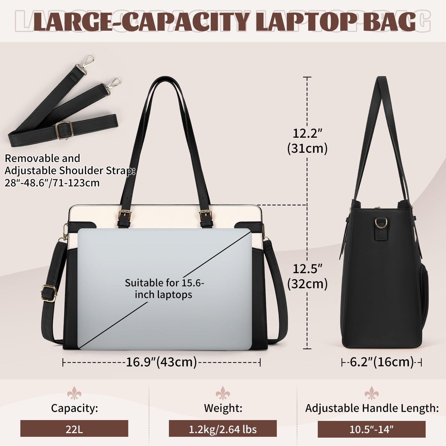 RAINSMORE Laptop Bags for Women with Lunch Compartment,Large Work Bag Women 15.6 inch Laptop Tote Bags for Women PU Leather Laptop Purse,Black