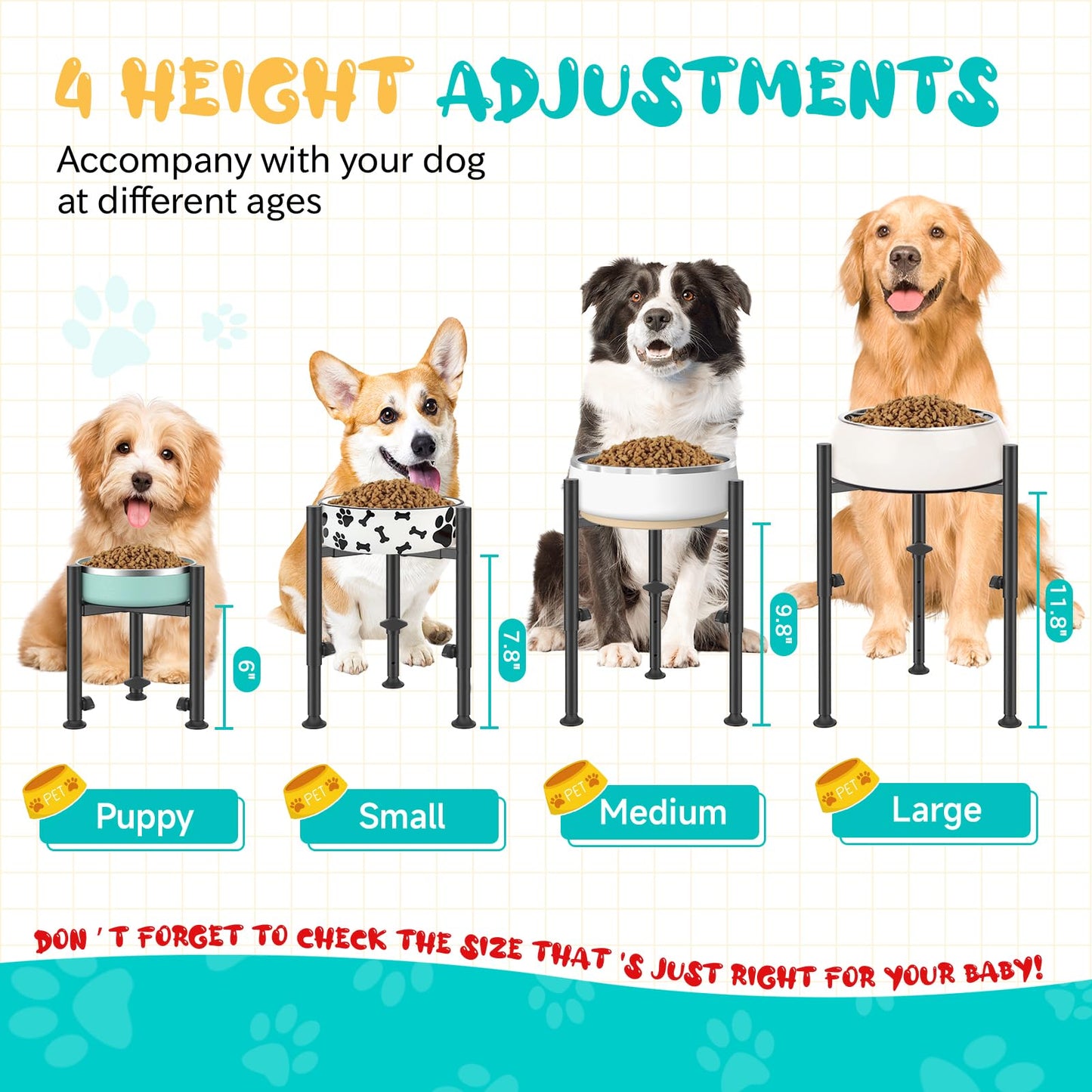 Adjustable Elevated Dog Bowl Stand for Dogs - 4 Heights, Wide 6-10" -Oppro Single Raised Dogs Food Water Bowls Holder, Upgrade Metal Elevated Dog Feeder with Tray for Small Medium Large Dogs (Black)