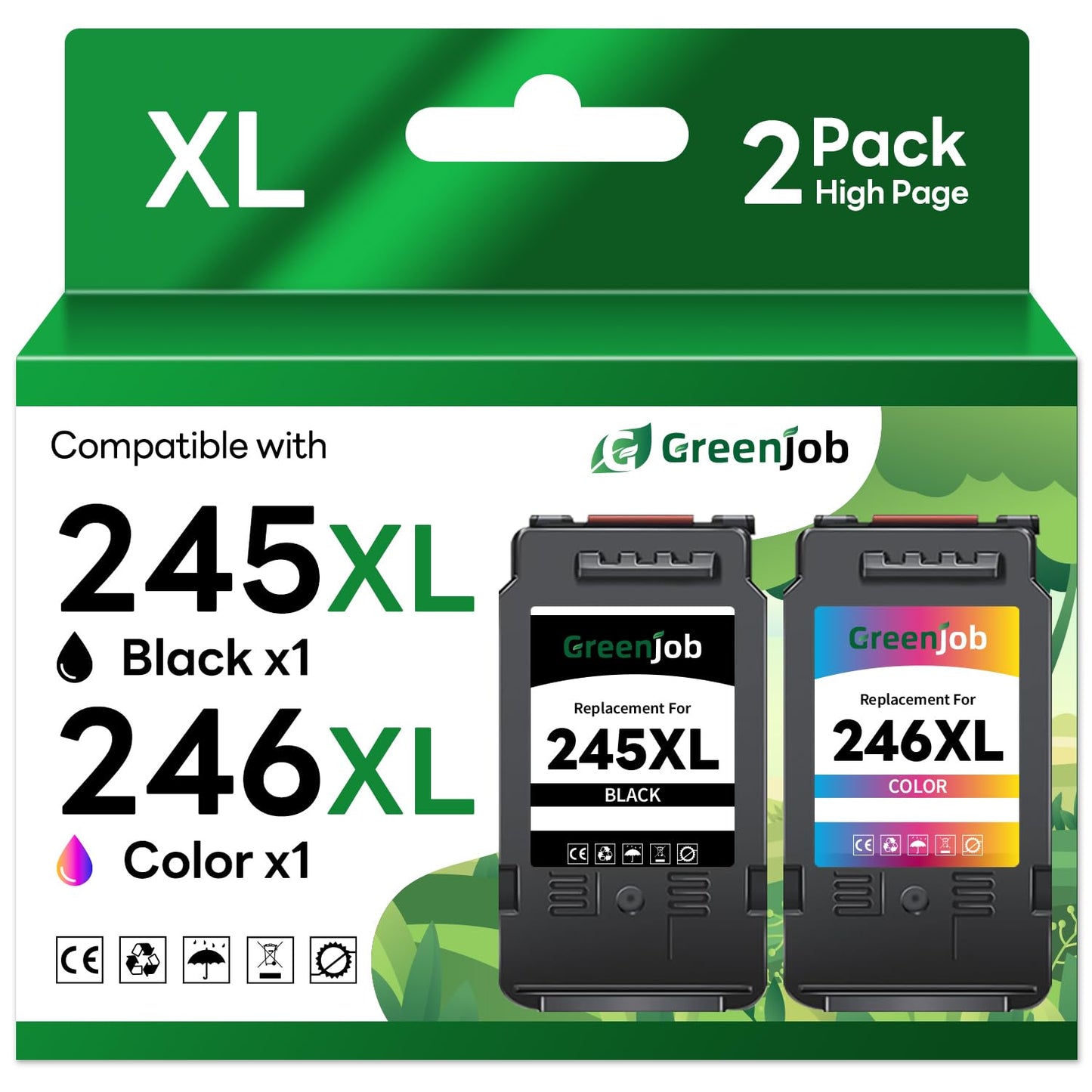 Greenjob 245XL 246XL Ink Cartridge Replacement for Canon Printer Ink 245xl 246xl Black Color Compatible for MG2500 MG2522 MX490 MX492 TS202 TS3122 TS3322 TR4520 TR4522 Printer Ink (2 Pack) PG245-246XL