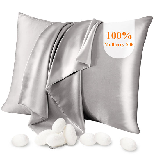 100% Mulberry Silk Pillowcase Pure,21 Momme Both Side Real Silk Pillowcases Hidden Zippered Slip Silk Pillowcase Hypoallergenic Soft Breathable for Hair, Skin and Good Sleep（Grey, Queen: 20"x30"）