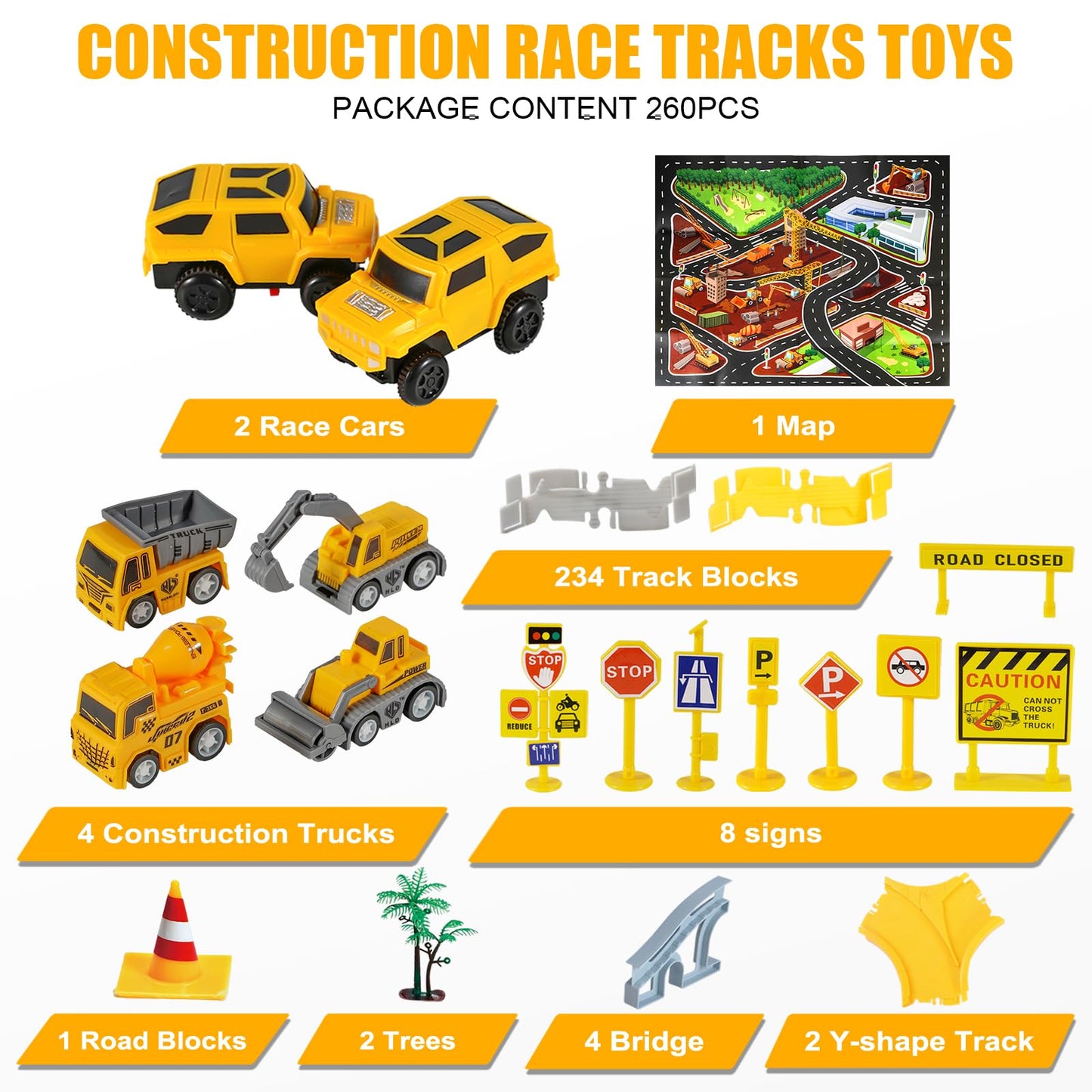 Kizplays 260 PCS Construction Race Tracks for Kids Toys, 2 Cars, 4 Construction Cars, 1 Map & Flexible DIY Track Set, Engineering Toys for 3 4 5 6 Year Old Boys Girls
