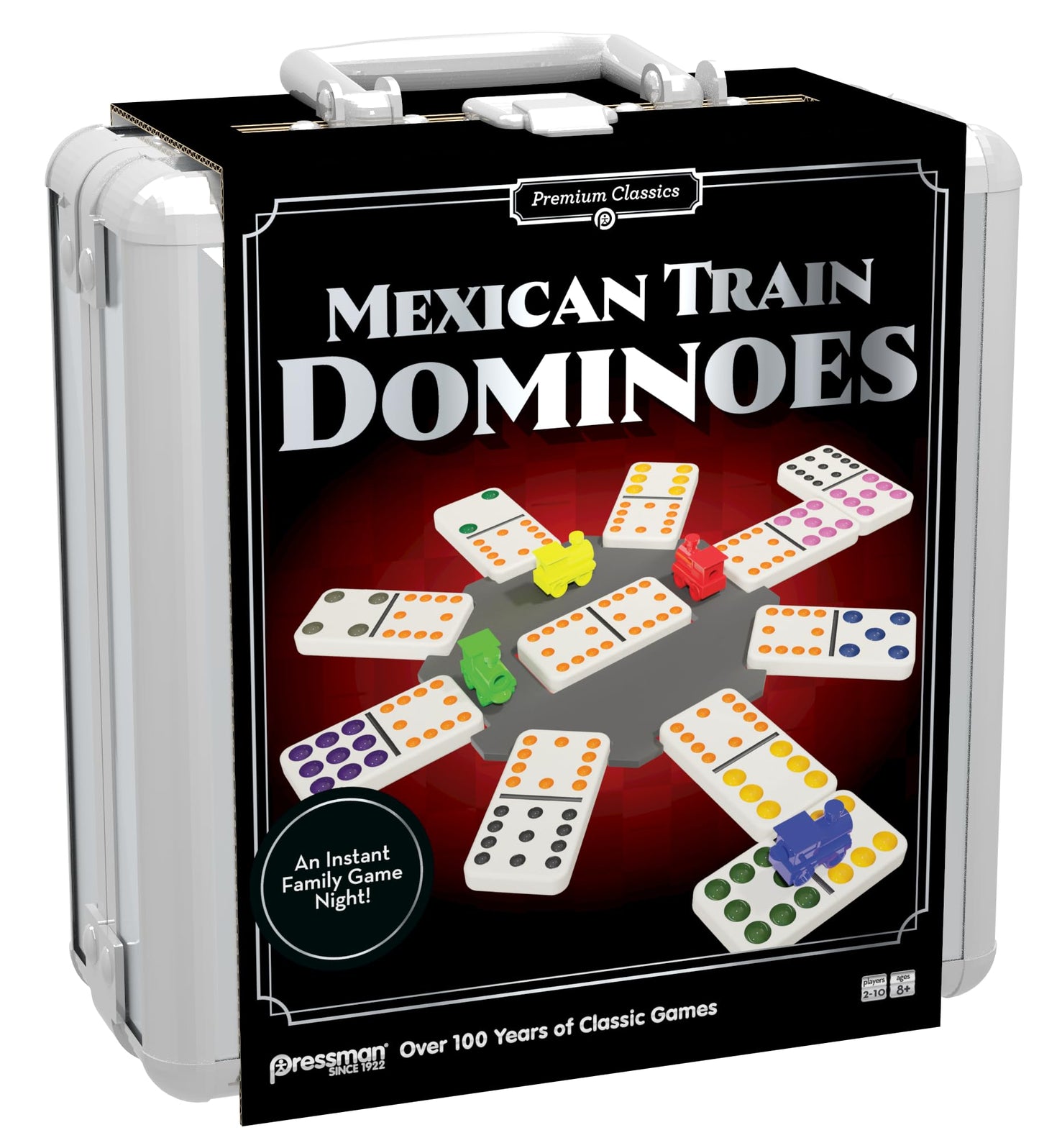 Pressman Premium Classics Mexican Train Dominoes | Aluminum Carry Case for Storage and Travel | 2-10 Players, Ages 8+