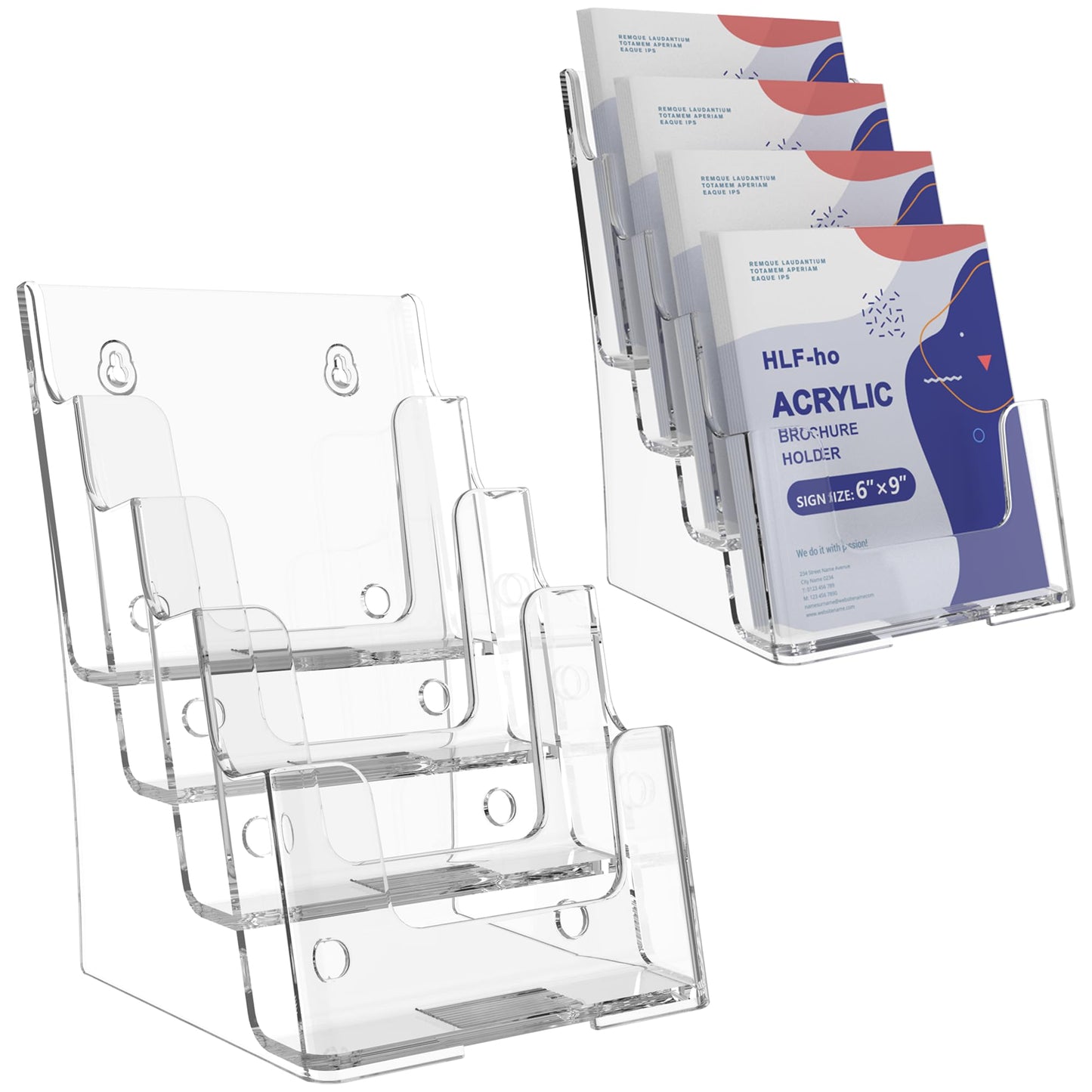HLF-ho Brochure Holder 6x9 Inch 4 Tier Acrylic Literature Holders Clear Plastic Flyer Display Stand Countertop Use or Wall Mount Pamphlet Holder Organizer for Office, Lobby, Hotel, Trade Show, 2 Pack