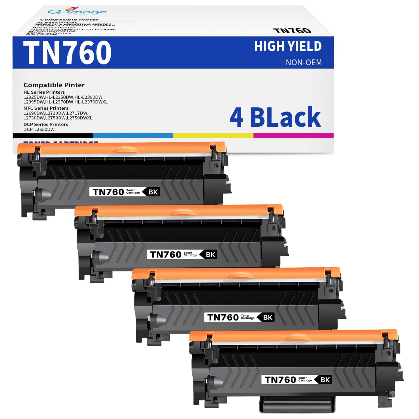 (New Chip) TN760 Compatible Toner Cartridges Replacement for TN760 TN-760 TN730 Toner Work with DCP-L2550DW HL-L2350DW MFC-L2750DW MFC-l2710DW HL-L2370DW HL-L2390DW HL-L2395DW Printer(4 Black)