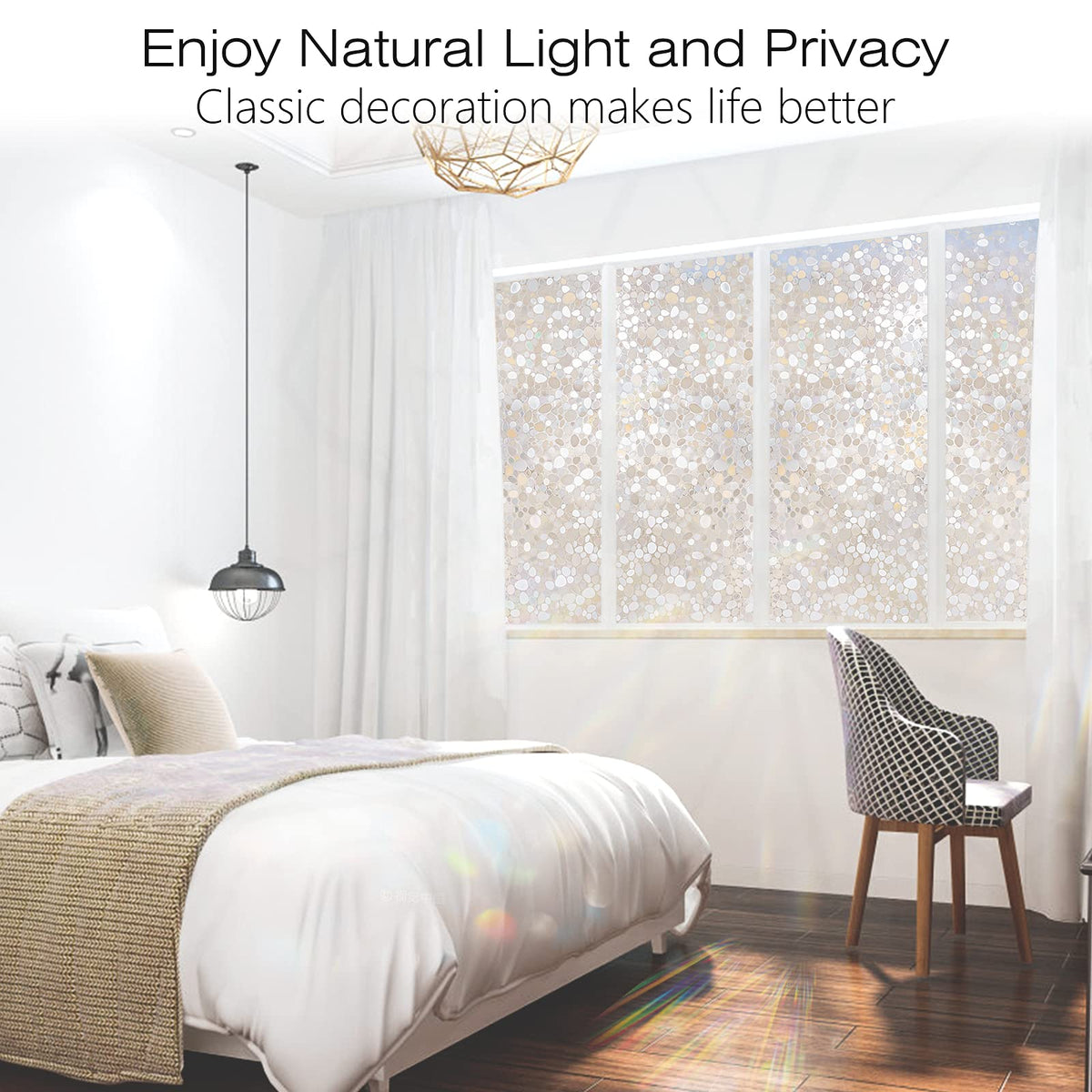 rabbitgoo Window Films for Privacy, Anti-UV Static Cling Decorative Glass Stickers, Removable Frosted Window Film, Privacy Glass Tint for Home Bathroom Door, 3D Pebble, 60x200cm