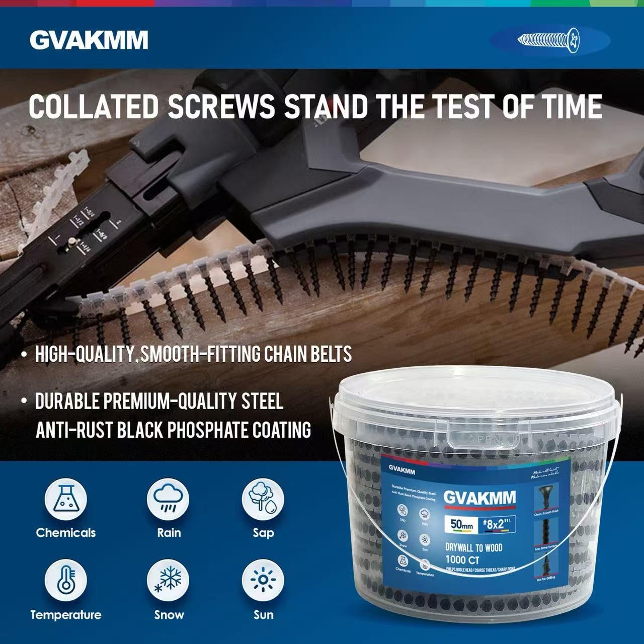 GVAKMM #6×1-1/4 inch Drywall to Wood Collated Screw – 1000 Count,Collated Black Wood,Drywall,Sheetrock Screw