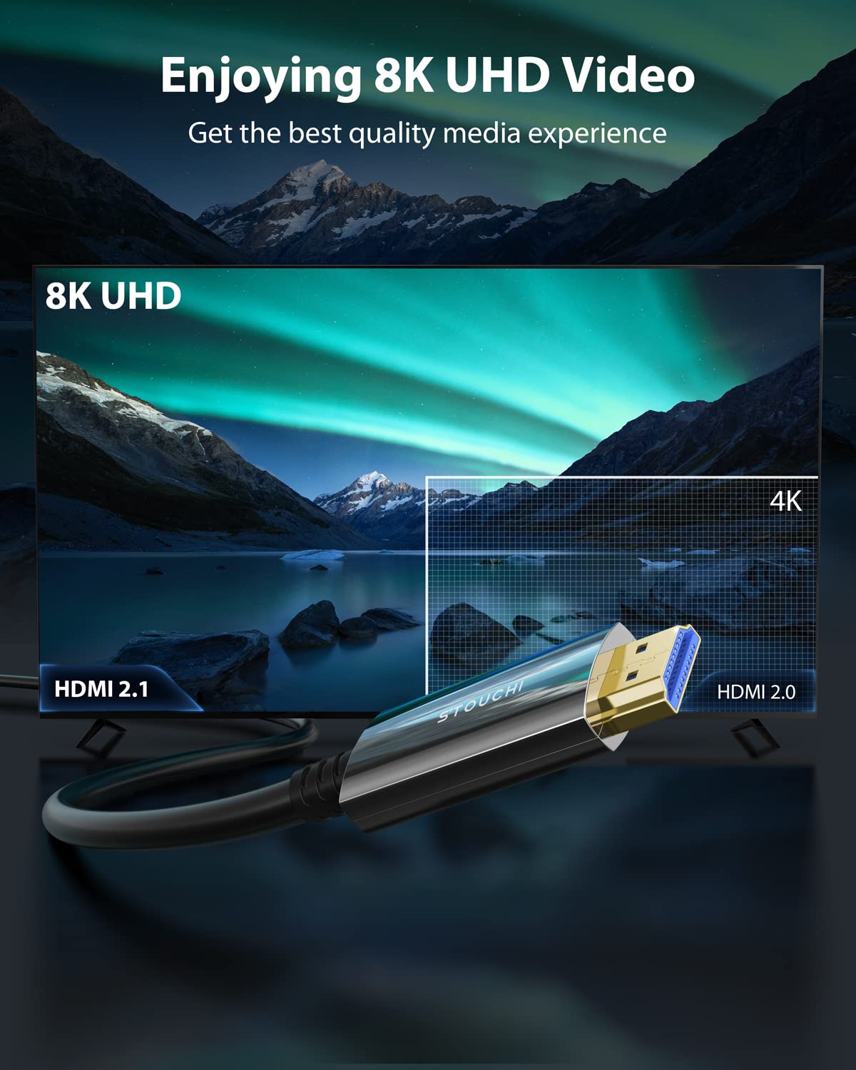8K HDMI Fiber Optic Cable 50ft, Stouchi 48Gbps Ultra High Speed HDMI 2.1 Cable, CL3 Rated, 10K 8K60Hz 4K120Hz 2K144Hz Dynamic HDR HDCP 2.2 & 2.3 eARC Compatible for PS5, Xbox Series X, Apple TV 4K
