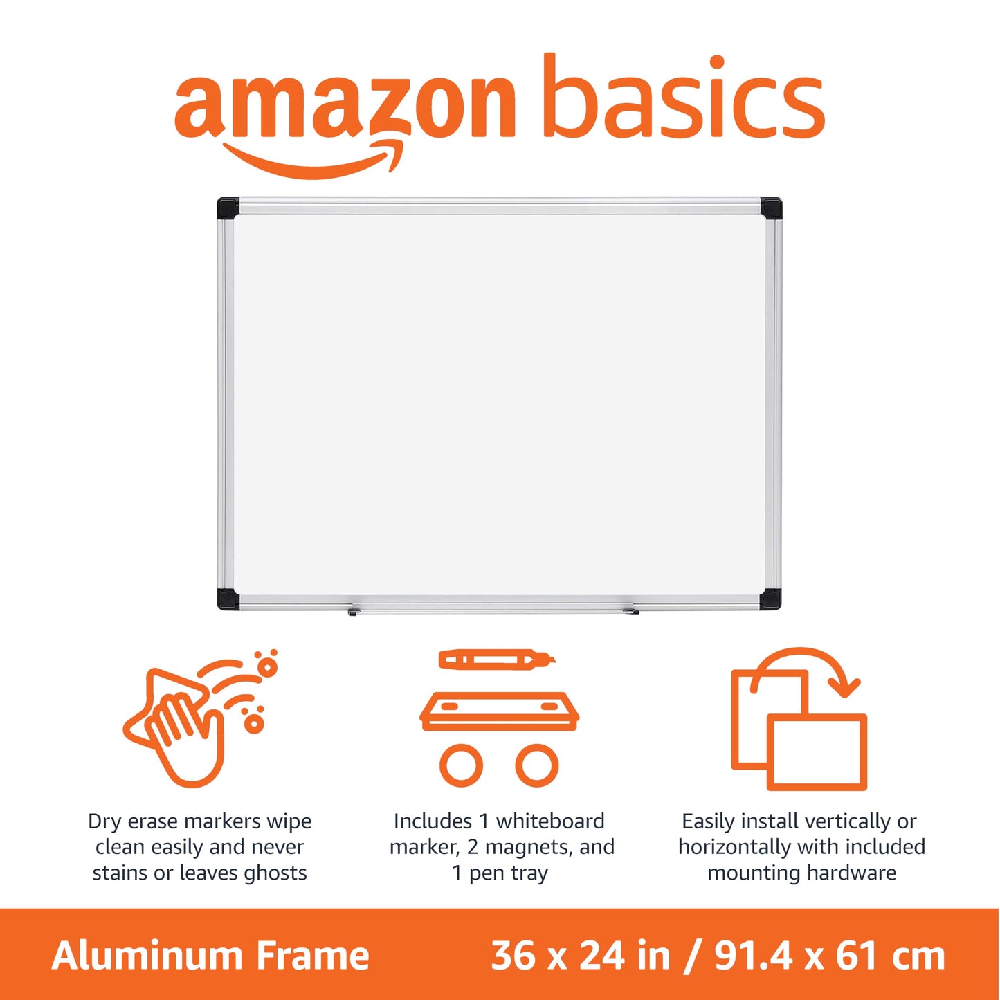 Amazon Basics Magnetic Framed Dry Erase White Board, 24 x 36 Inch