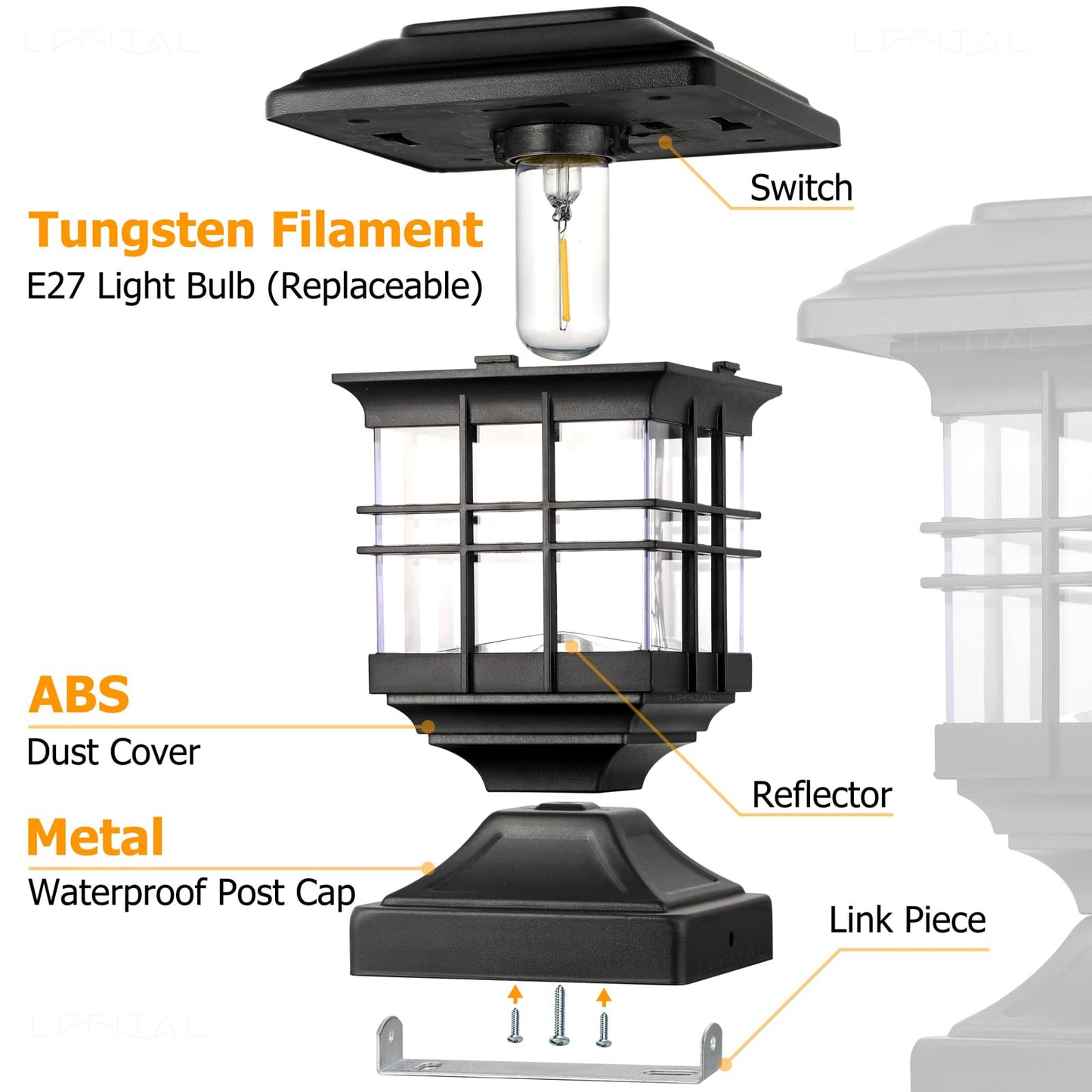 Lffital Solar Post Lights Outdoor Solar Post Cap Lights 2 Modes LED Deck Fence Cap Light for 4x4 5x5 6x6 Posts Patio Garden Decoration Warm White Lighting Black (2 Pack), TR-POST01