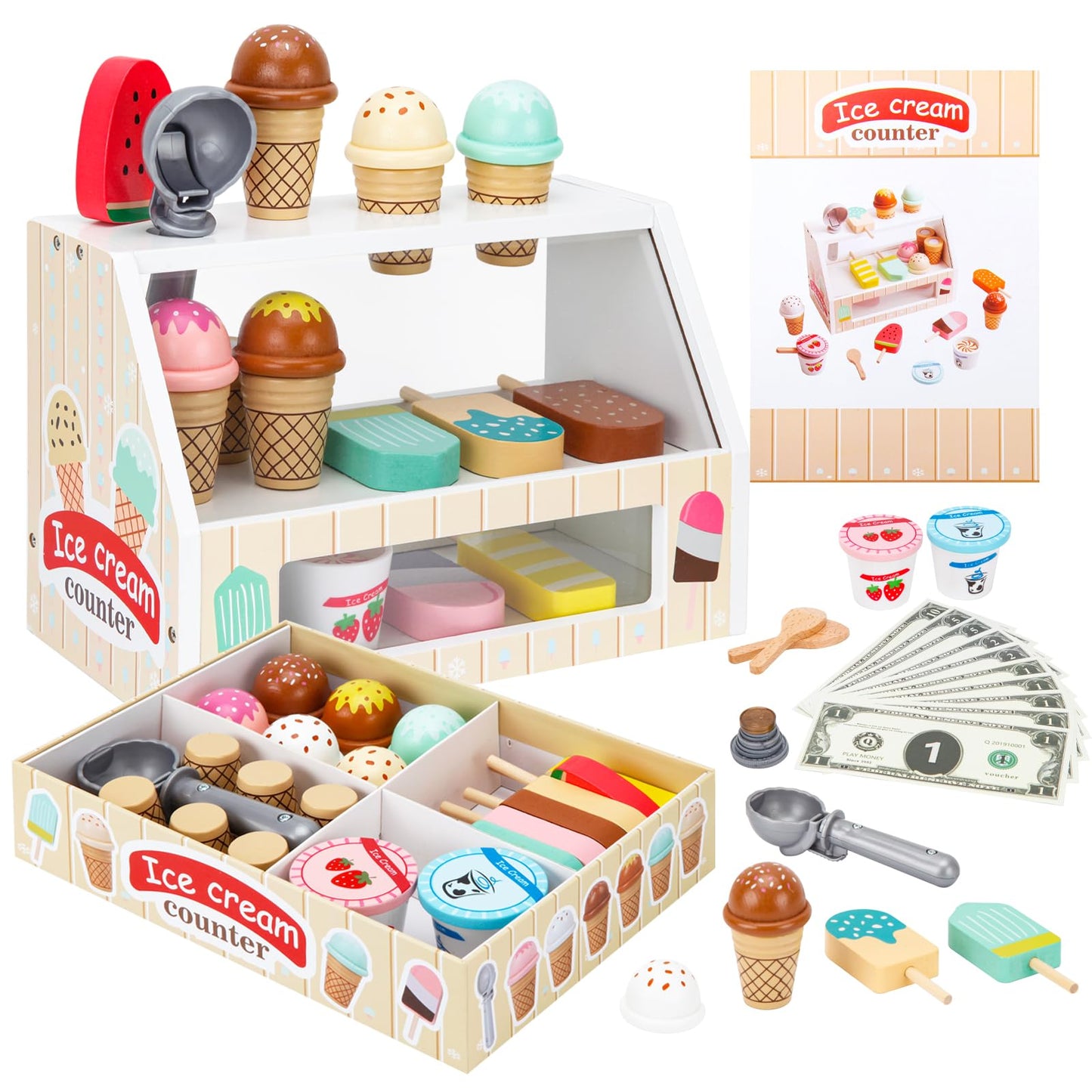 ZJEFUNS Wooden Ice Cream Toys for Kids Ice Cream Counter Shop for Toddlers Pretend Play Food Scoop and Serve with Scoop & Menu & Fake Money for Boys and Girls Ages 3 4 5 6 (Beige)