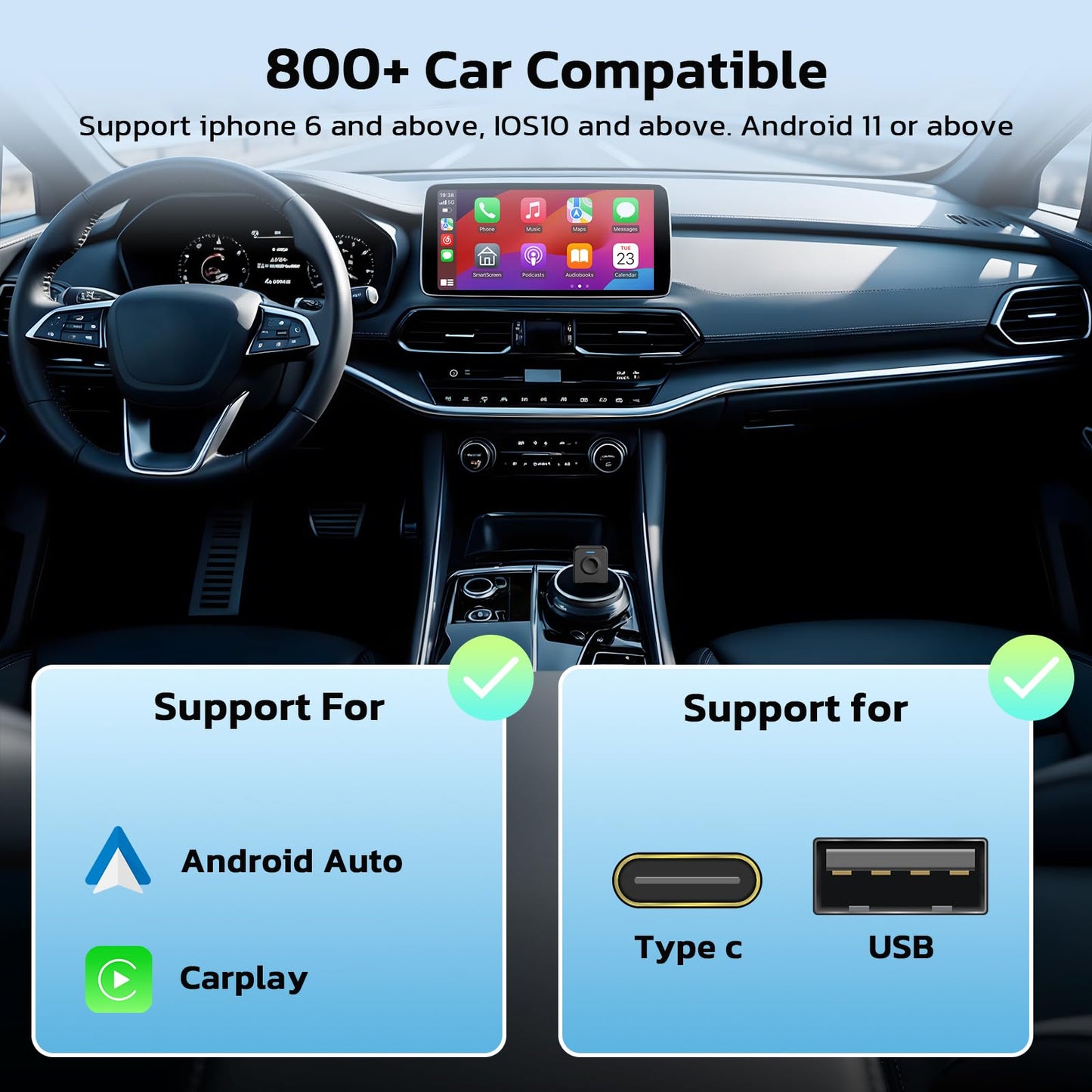 LAMTTO 2-in-1 Wireless CarPlay and Android Auto Adapter, Convert Wired to Wireless CarPlay Mini Adapter for OEM Wired Cars, USB Type C Plug and Play, OTA Support,Stable Car Control and No Delay
