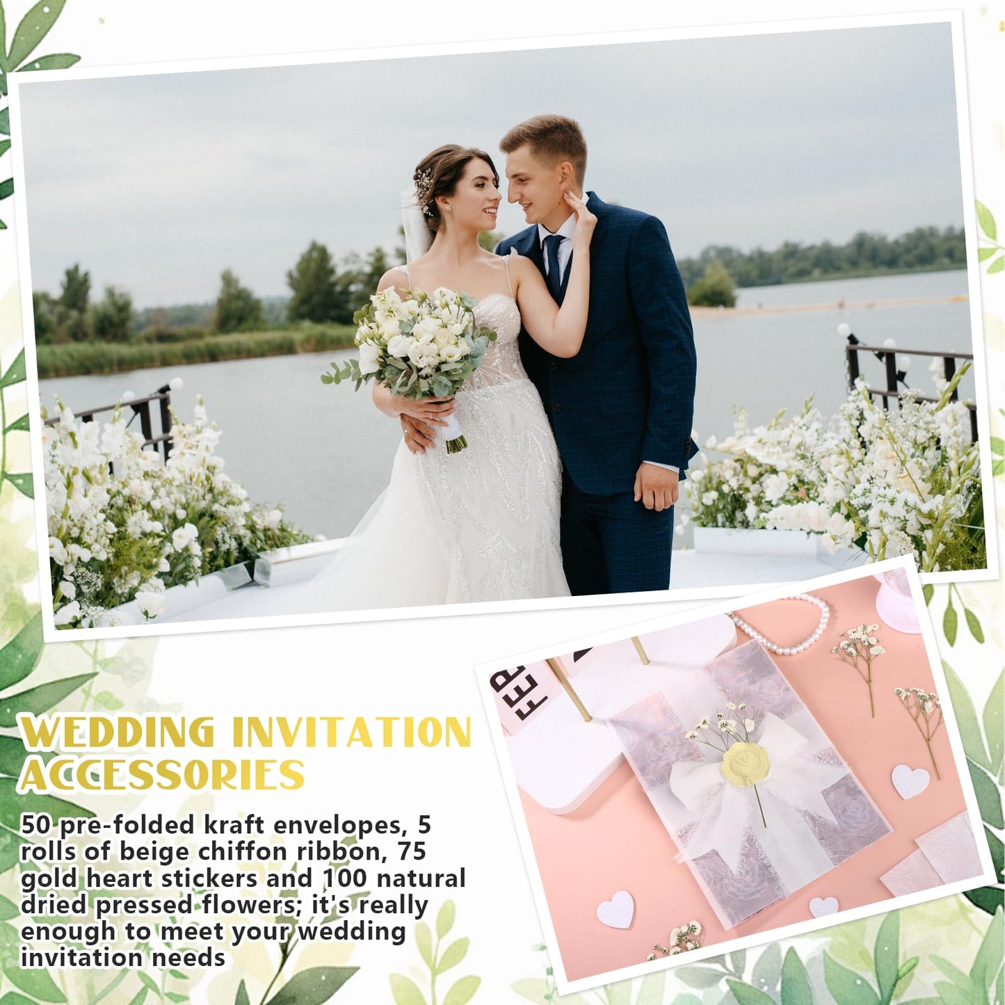 50 Sets Wedding Invitations Wraps Include 5 x 7 Pre Folded Vellum Jackets White Rose-Printed Transparent Paper Envelope Dried Baby's Breath Flowers Gold Foil Heart Stickers Chiffon Ribbons for Wedding
