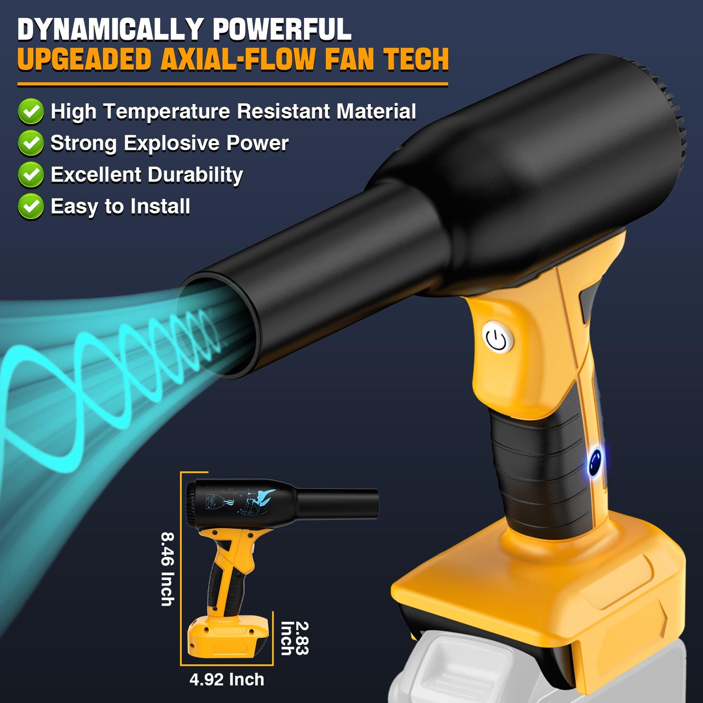 YNDZ 500W High Power Jet Dry Blower Compatible with DeWalt 20V Battery, 400G Wind Pressure 3-Speed Cordless Compressed Air Duster with 2 Nozzles for Car Drying Keyboard Cleaning
