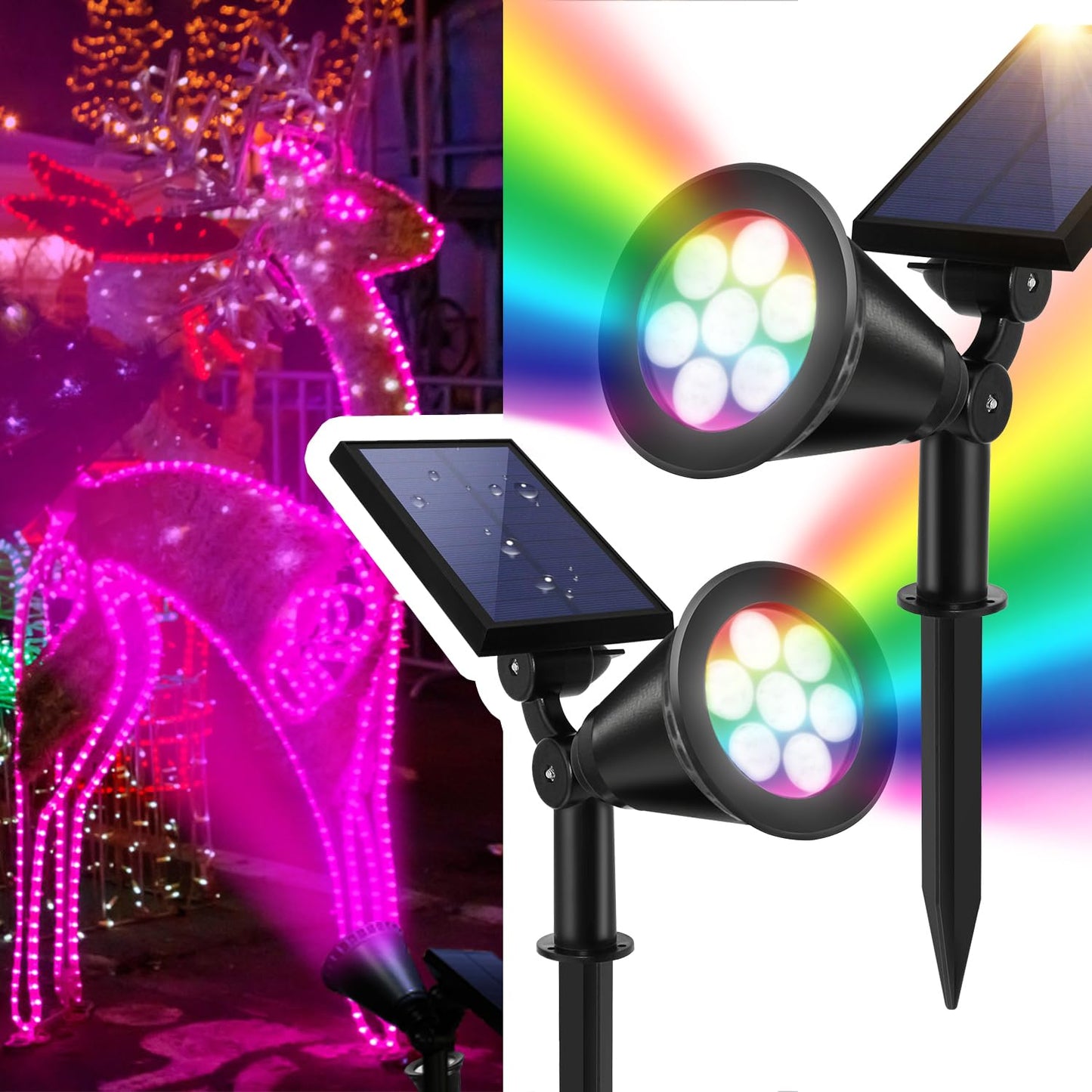 Solar Spotlights Outdoor Christmas, Spot Light Solar Powered, LED RGB Color Changing Landscape Flag Pole Light, Dusk-to-Dawn Waterproof Ground Lumiere Solaire Exterieur Spot for Tree (Multicolor,2pcs)