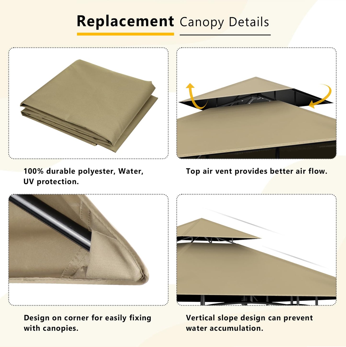 OIPUNSHLE Grill Gazebo Replacement Canopy Top, 5'x8' Top Double Tiered Replacement Canopy Roof, Grill Shelter Cover Roof Fit for Gazebo Model L-GG001PST-F (Khaki)