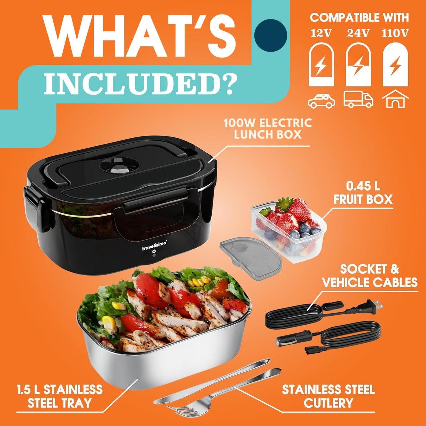 TRAVELISIMO Electric Lunch Box Food Heater, 100W 1.5L Heated Lunchbox 12V/24V/110V Heated Lunch Box for Men & Women, Stainless Steel Portable Food Warmer & Portable Microwave for Car/Truck/Office
