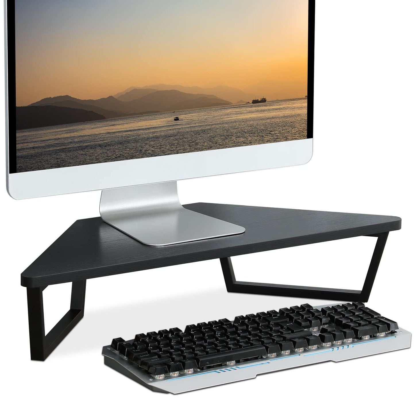 TEAMIX Triangle Monitor Stand Riser-26 inch, Desktop Corner Shelf with Metal Leg Wood Computer Stand with Storage Laptop Riser Office Organization
